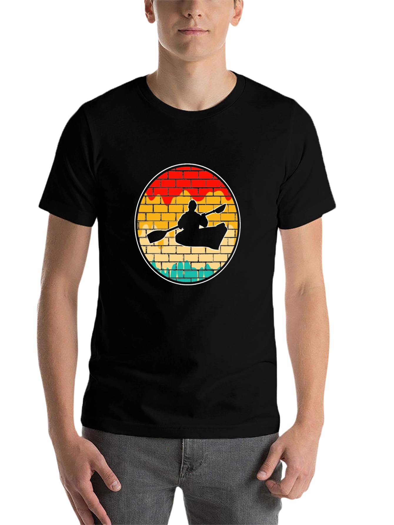 Black Kayaking Sunset Retro T-Shirt view 7