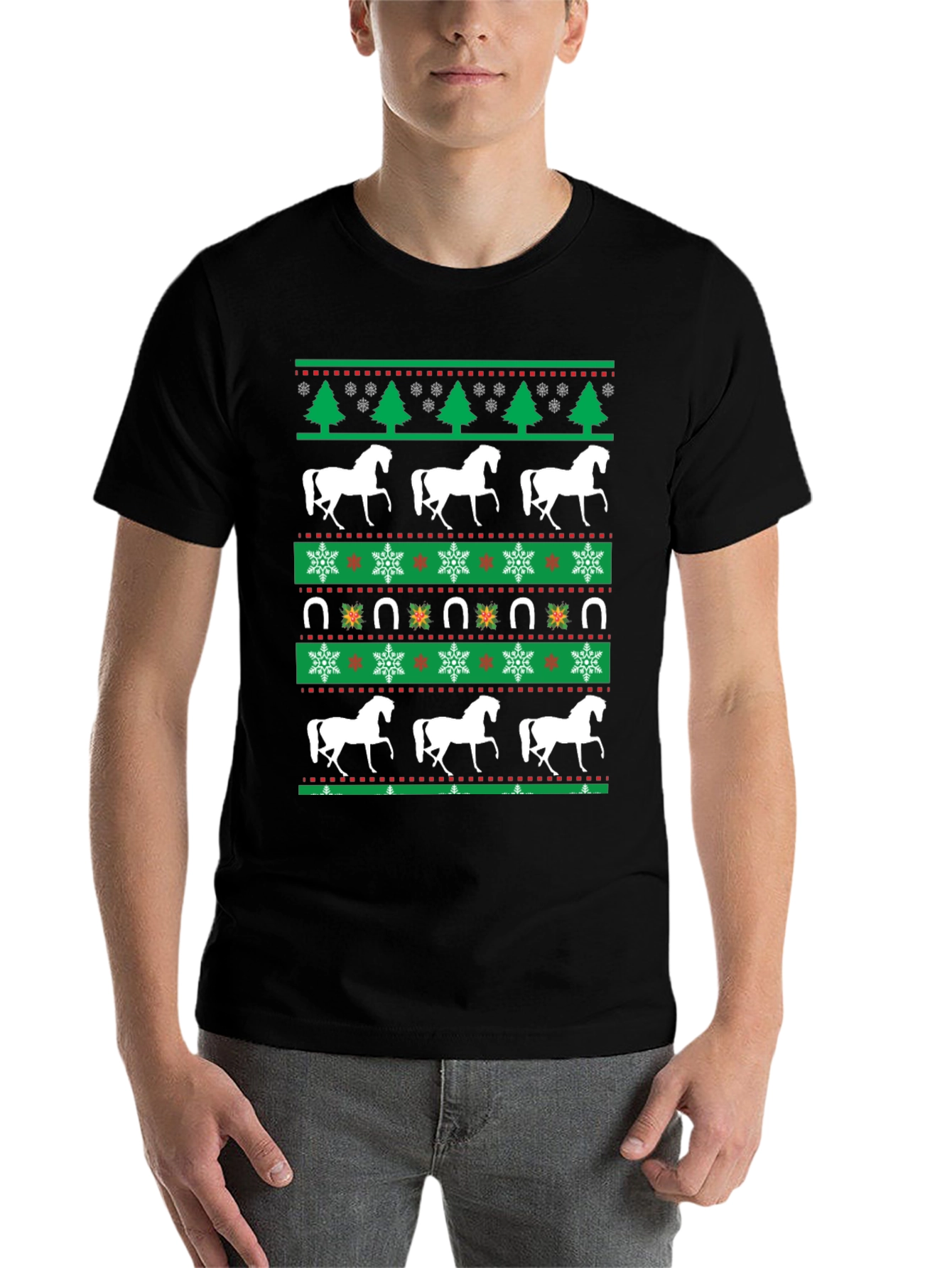 Black Horse Christmas T-Shirt: Holiday Equestrian Style view 7