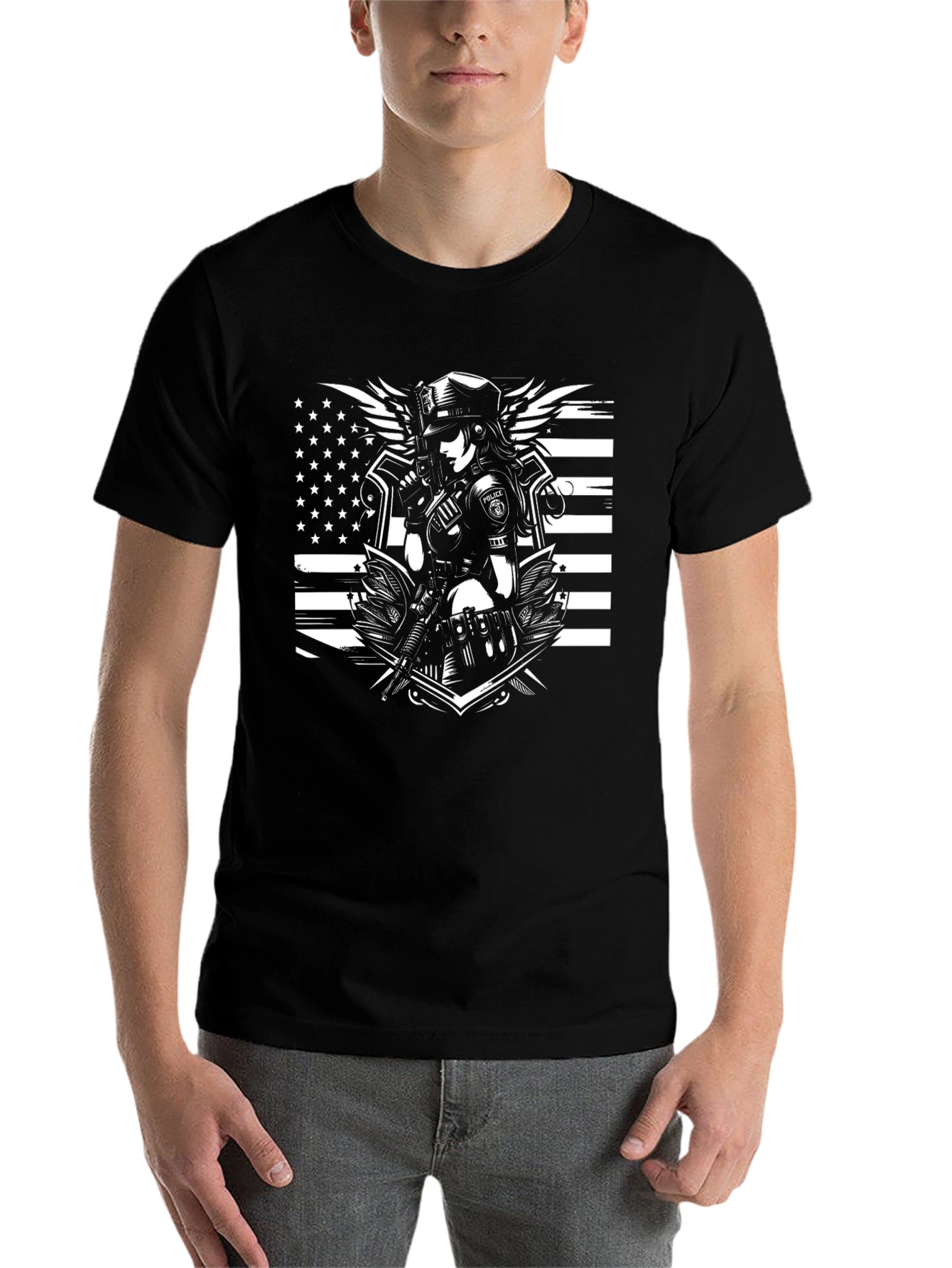 Black Police Woman Graphic T-Shirt - Black Crew Neck Tee view 7