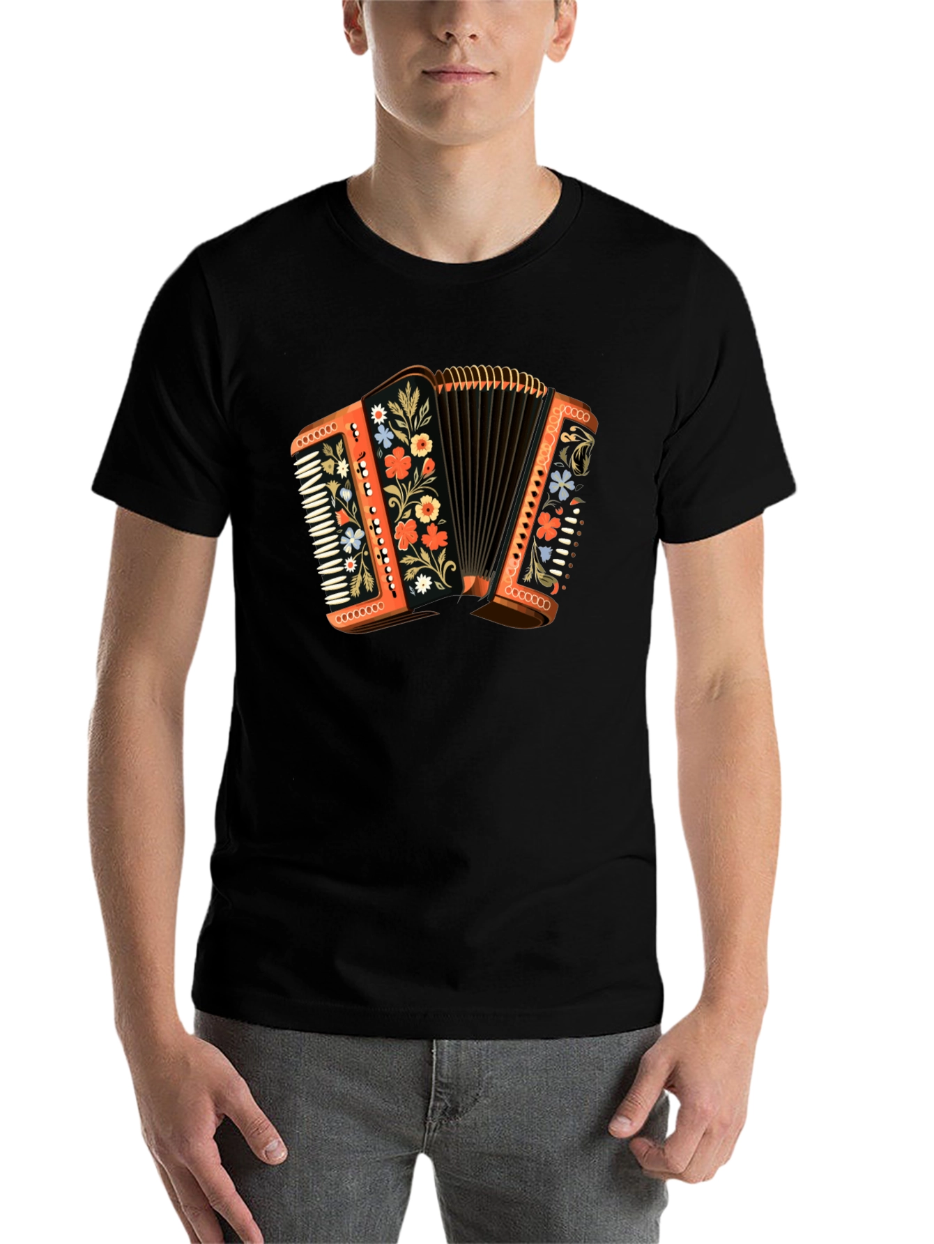 Black Accordion Floral T-Shirt - Music Lover Gift view 7