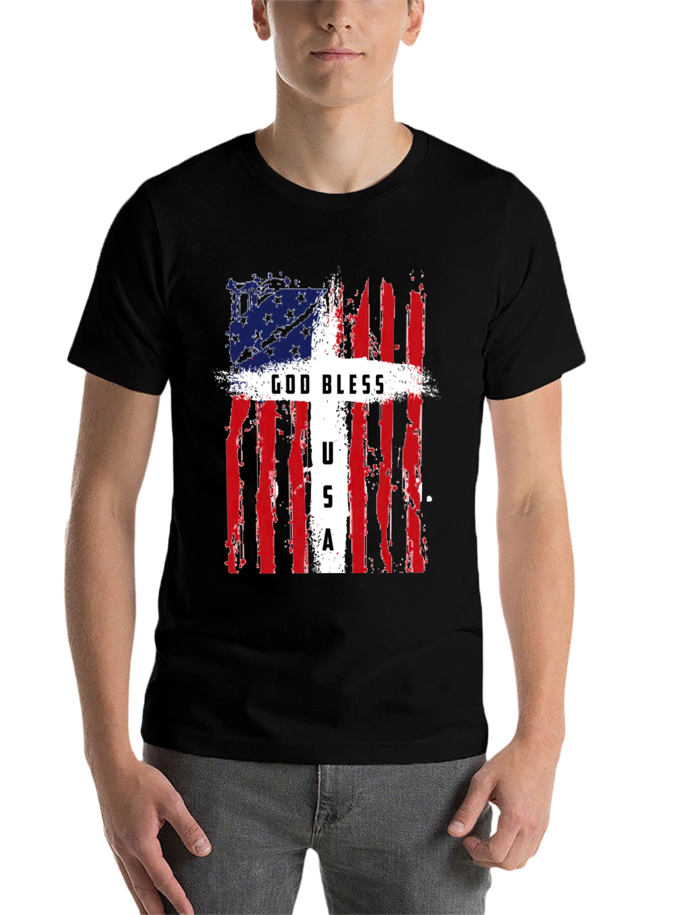 Black God Bless USA Patriotic T-Shirt view 7