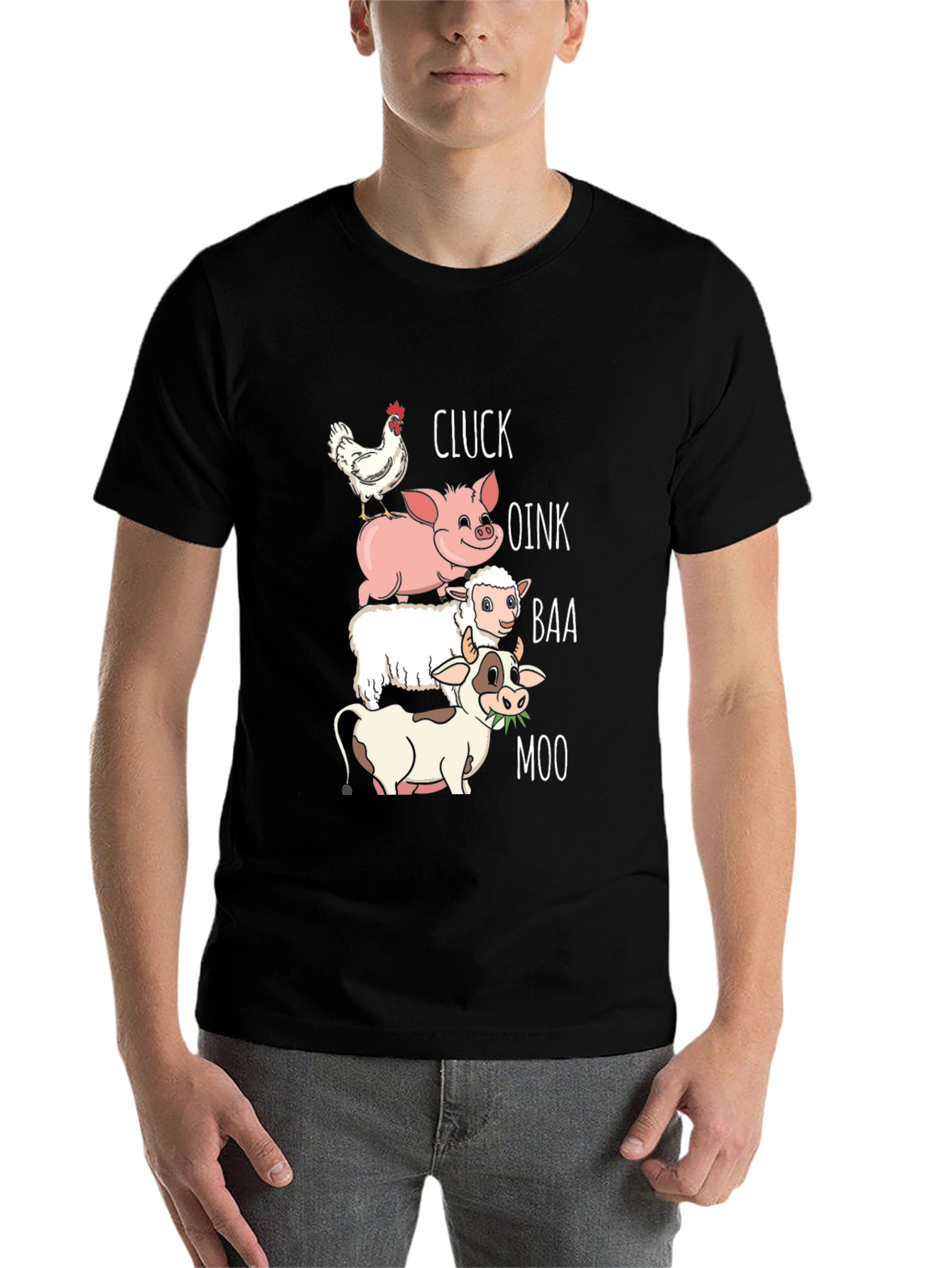 Black Farm Animal Sound Stack T-Shirt - Cluck, Oink, Baa, Moo view 7