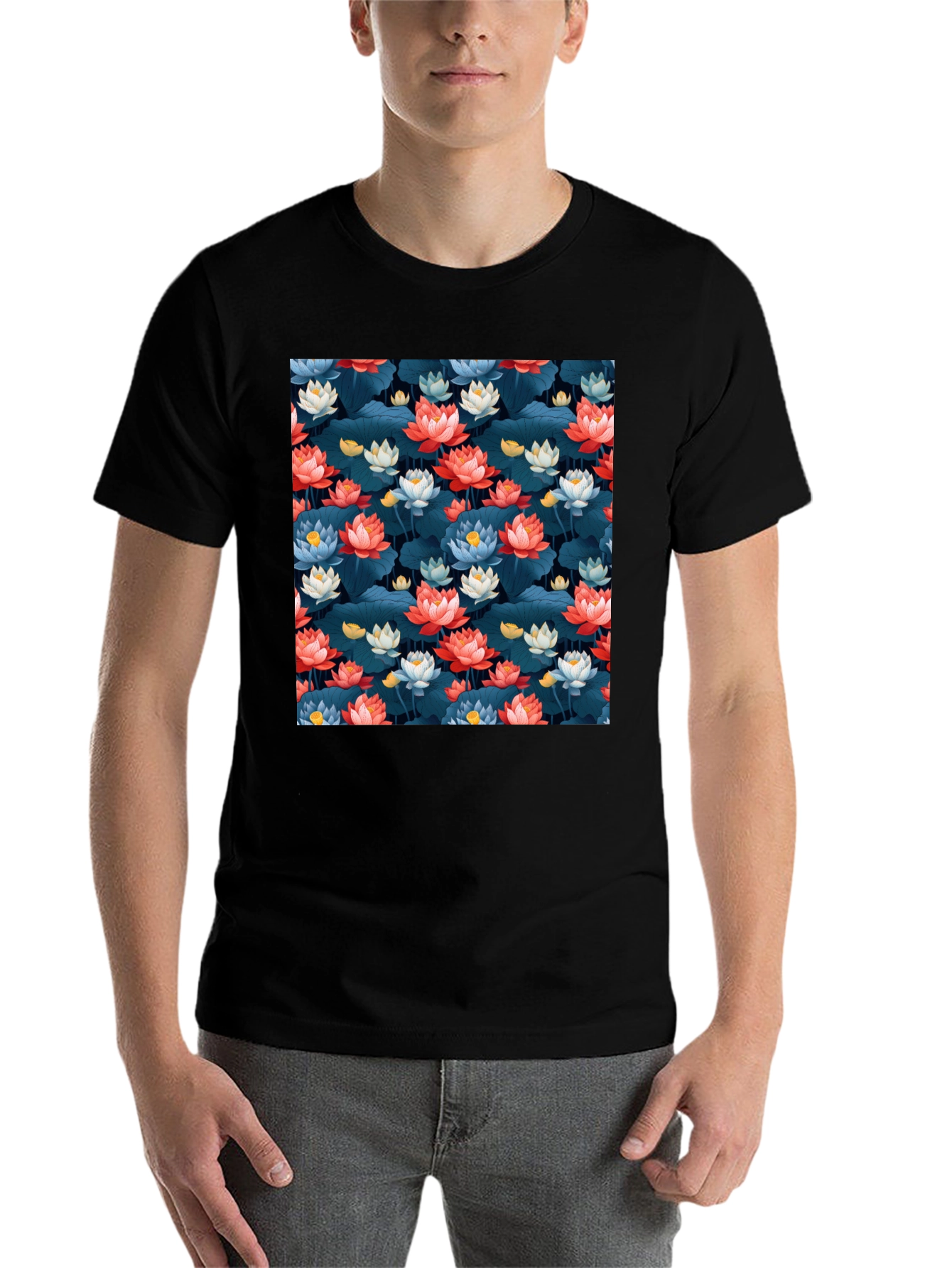 Black Lotus Flower Print Black T-Shirt view 7