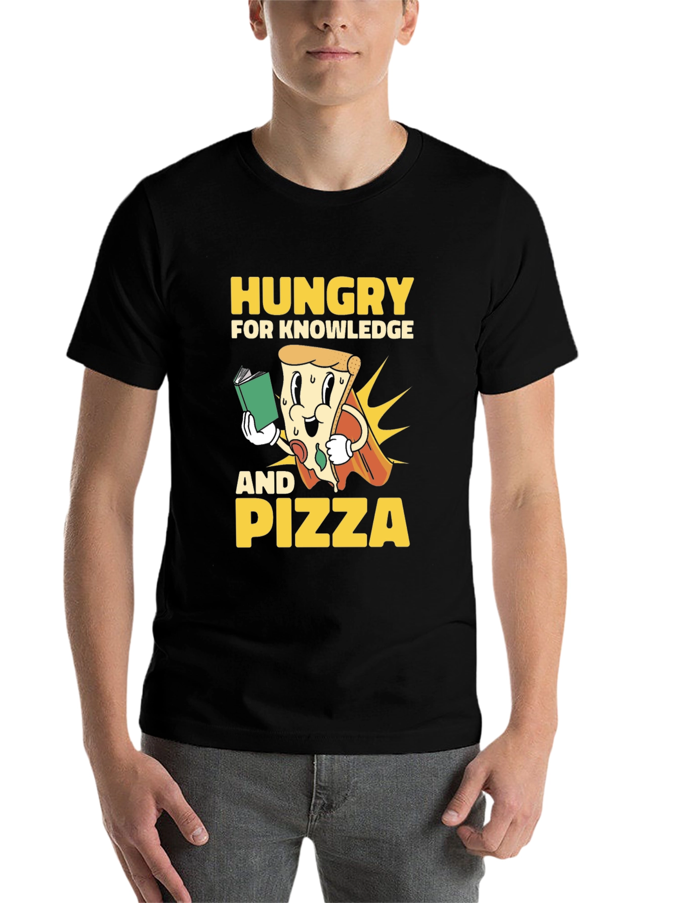 Black Hungry for Knowledge and Pizza T-Shirt view 7
