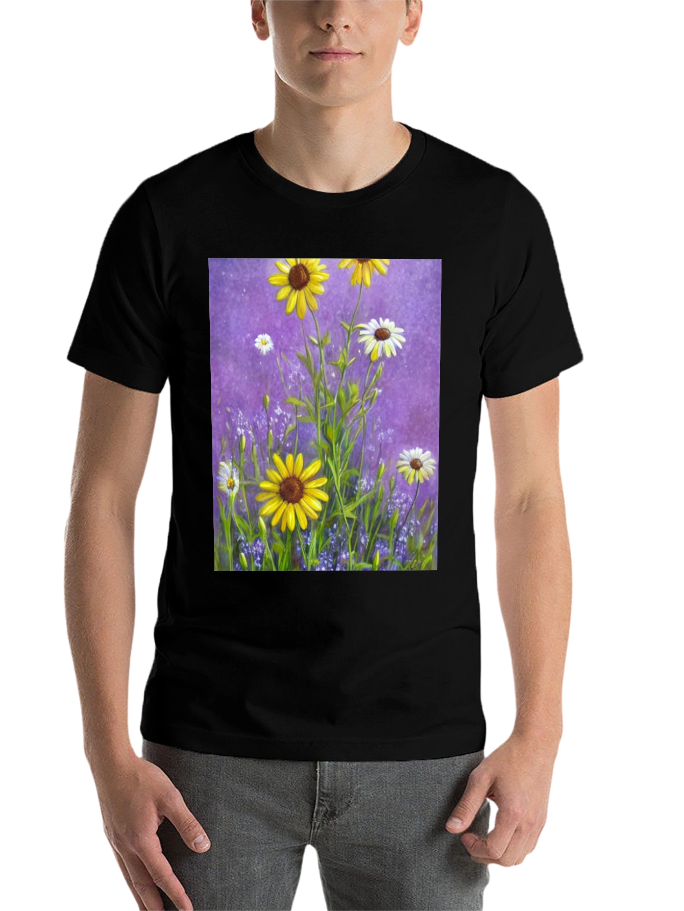 Black Floral Garden T-Shirt: Vibrant Sunflower Meadow Design view 7