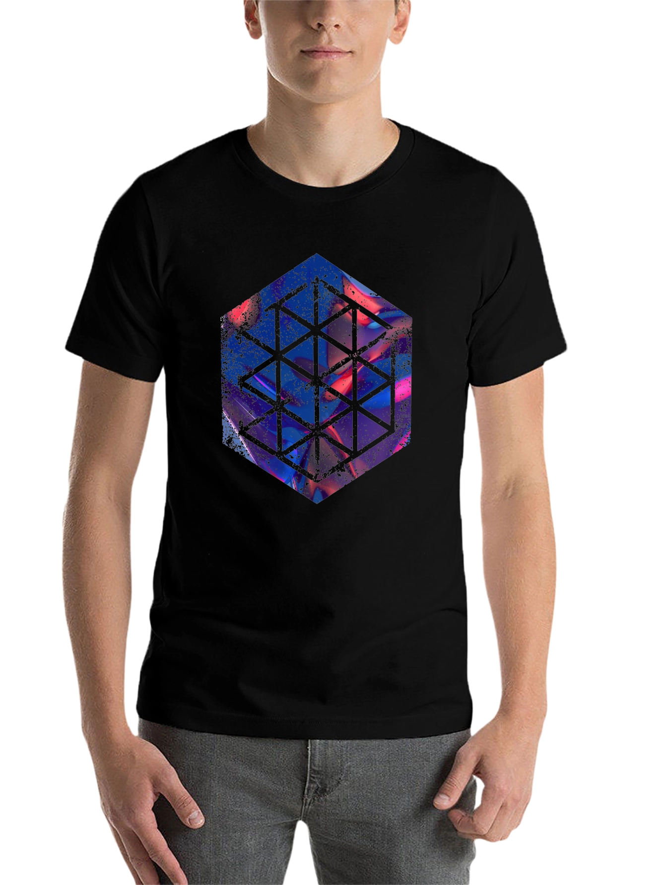 Black Geometric Hexagon Graphic Black T-Shirt view 7