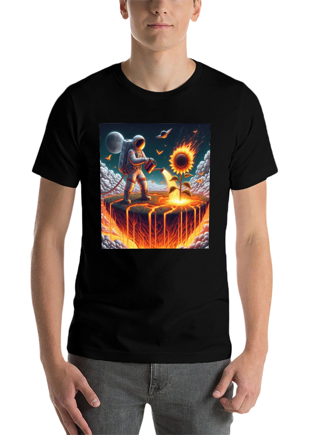 Black Astronaut Watering Fire Sunflower T-Shirt view 7