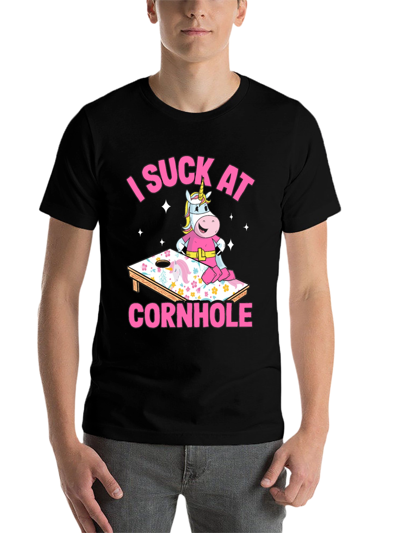 Black I Suck At Cornhole Unicorn T-Shirt view 7