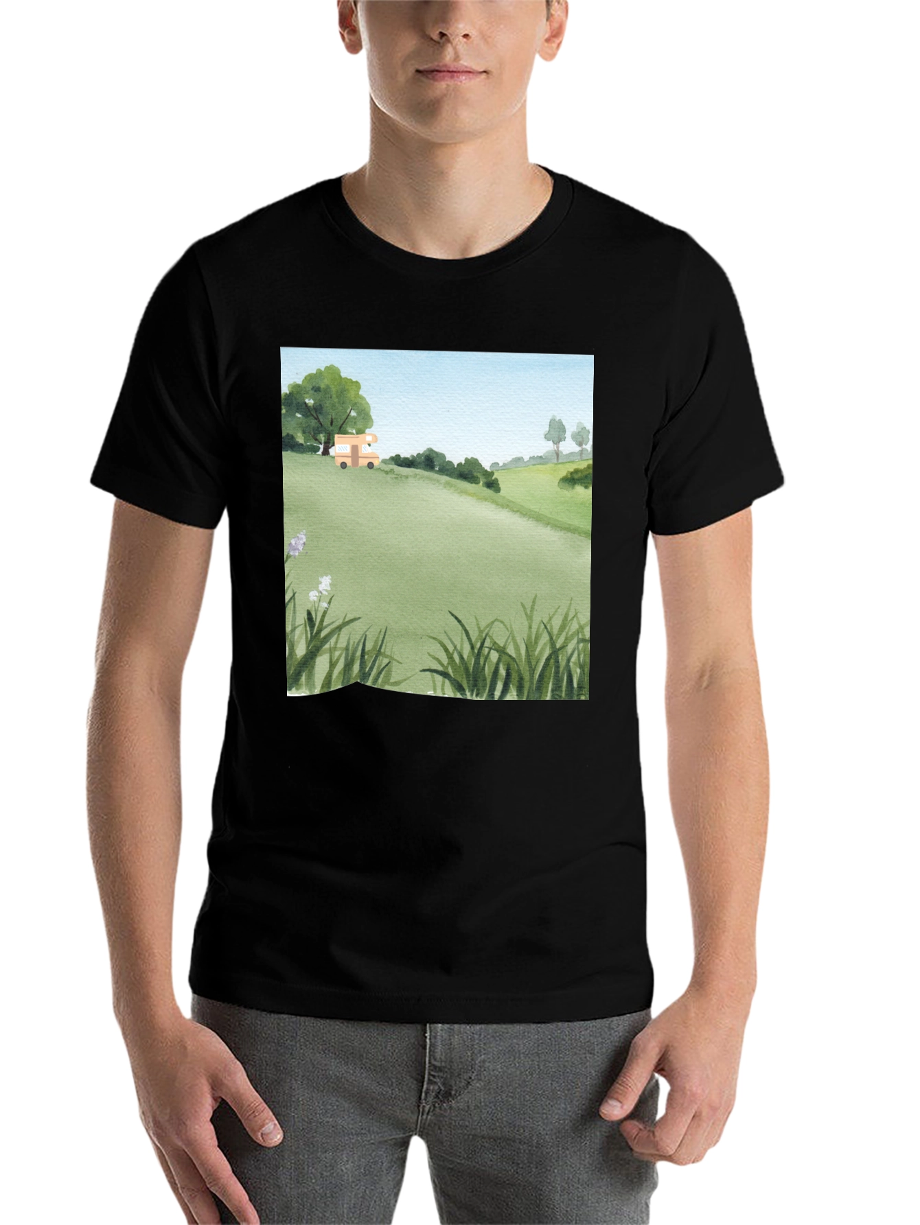 Black Watercolor Landscape Camper T-Shirt view 7