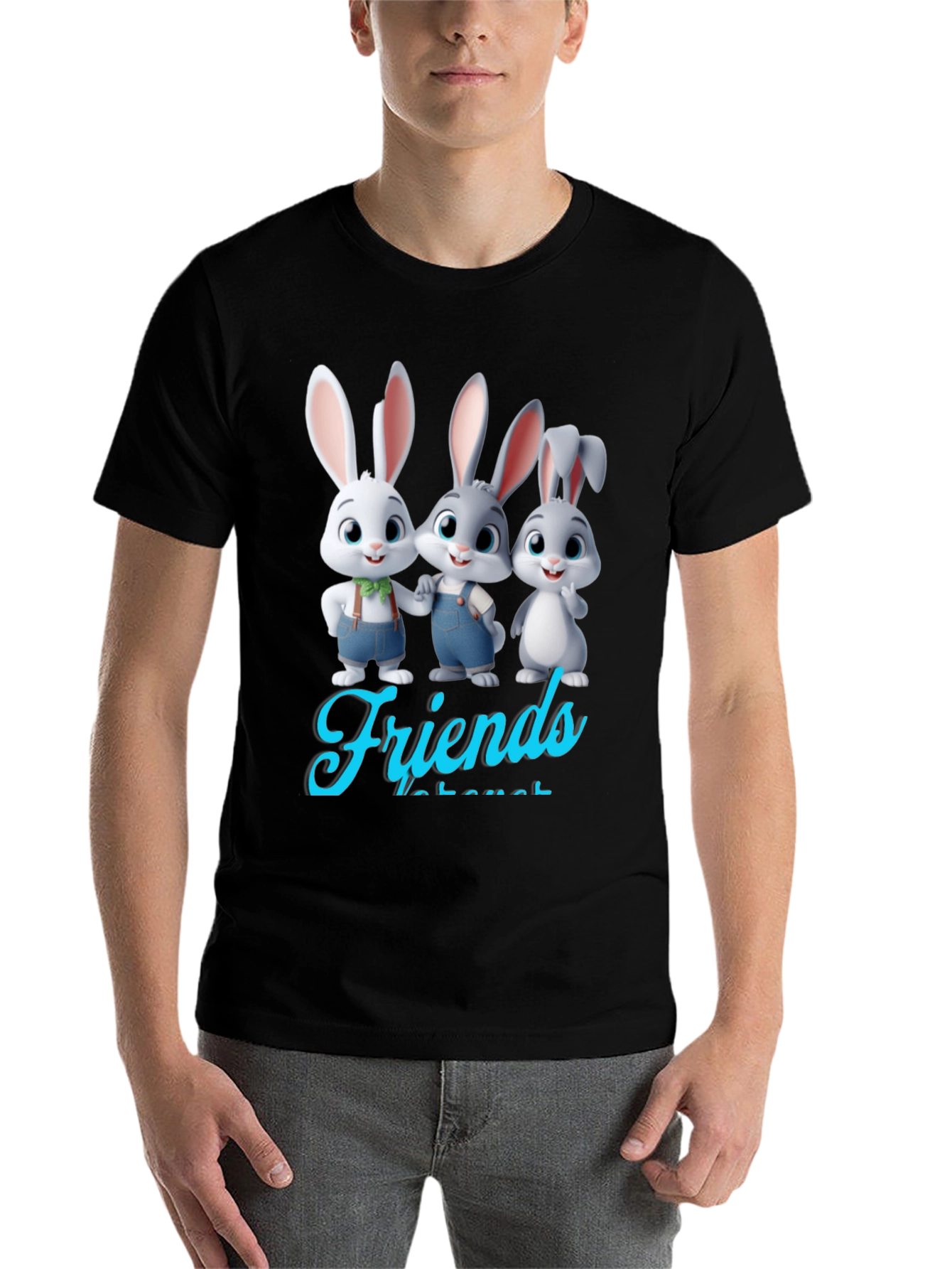 Black Bunny Friends Graphic T-Shirt - Cute Cartoon Rabbits view 7