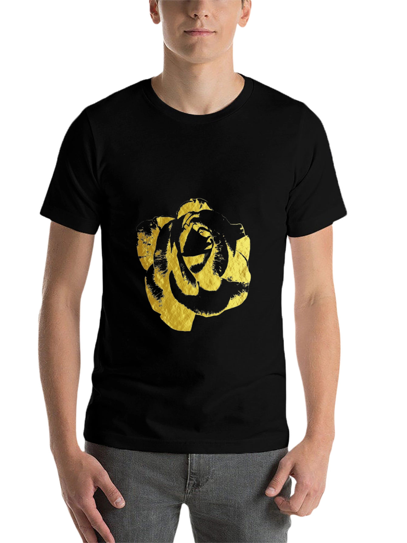 Black Black T-Shirt with Gold Rose Print - Modern & Stylish view 7