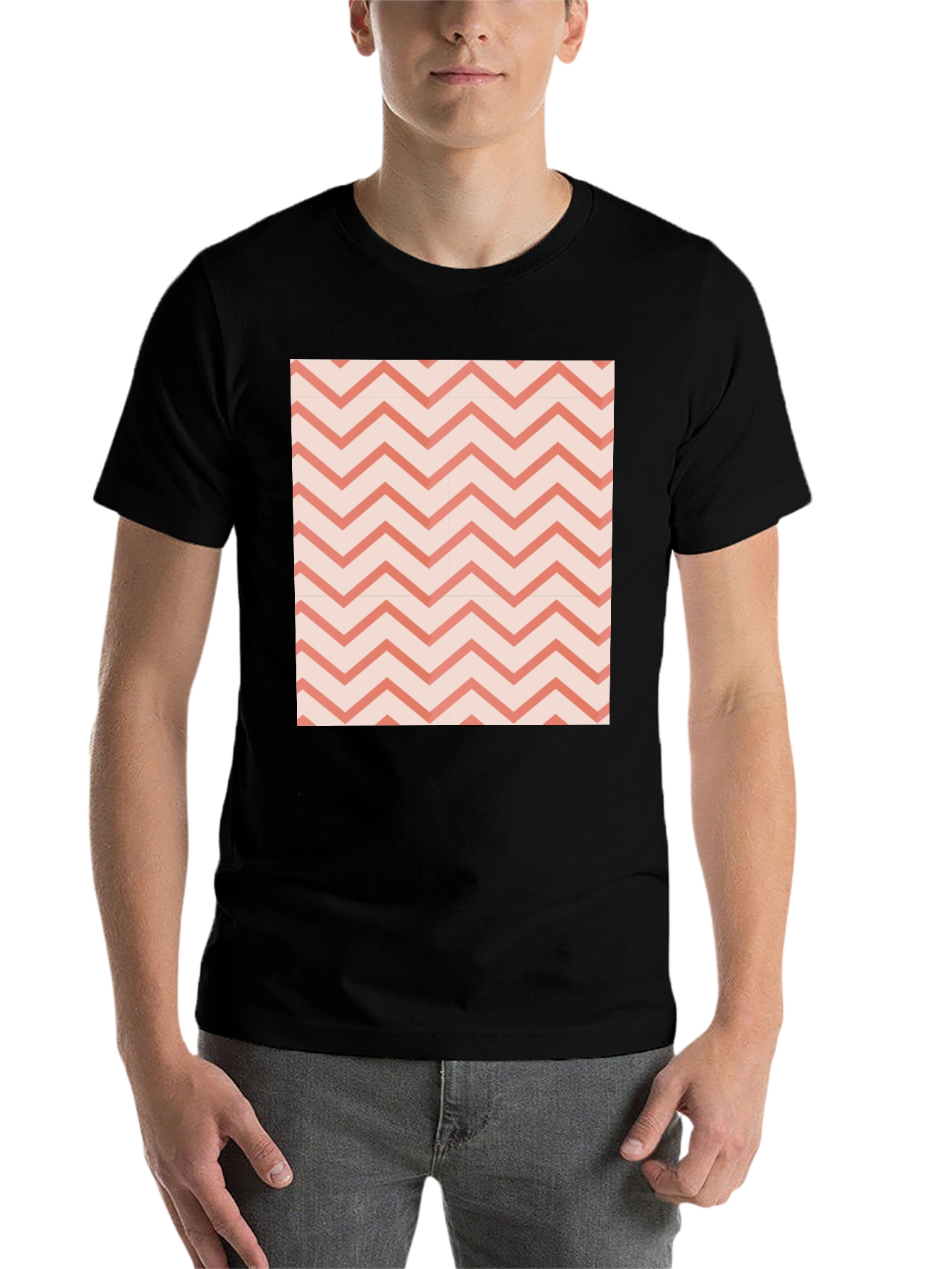 Black Men's Black Tee with Coral Chevron Pattern view 7