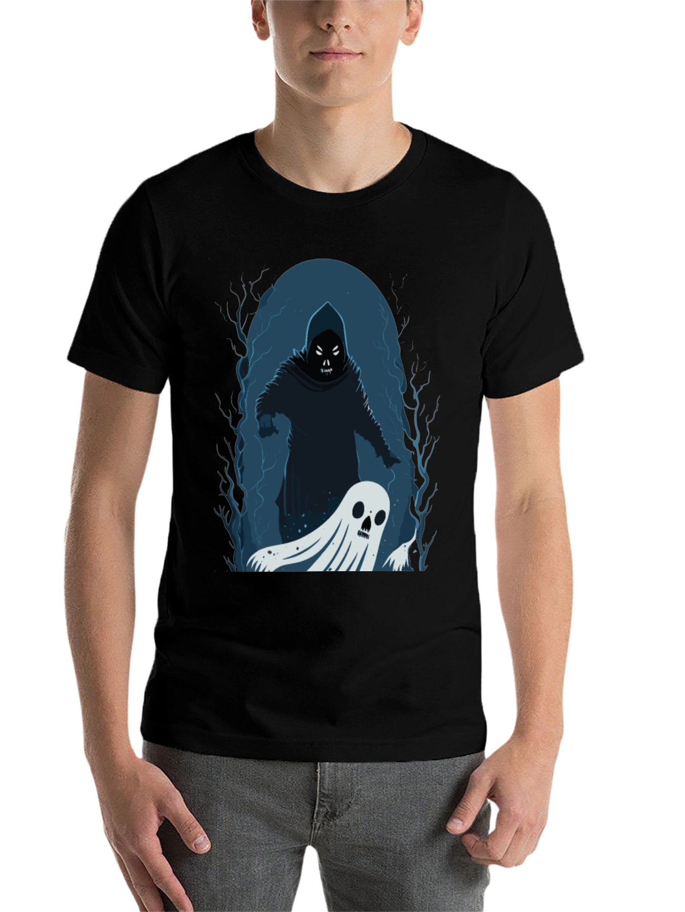 Black Spooky Grim Reaper & Ghost Black T-Shirt view 7