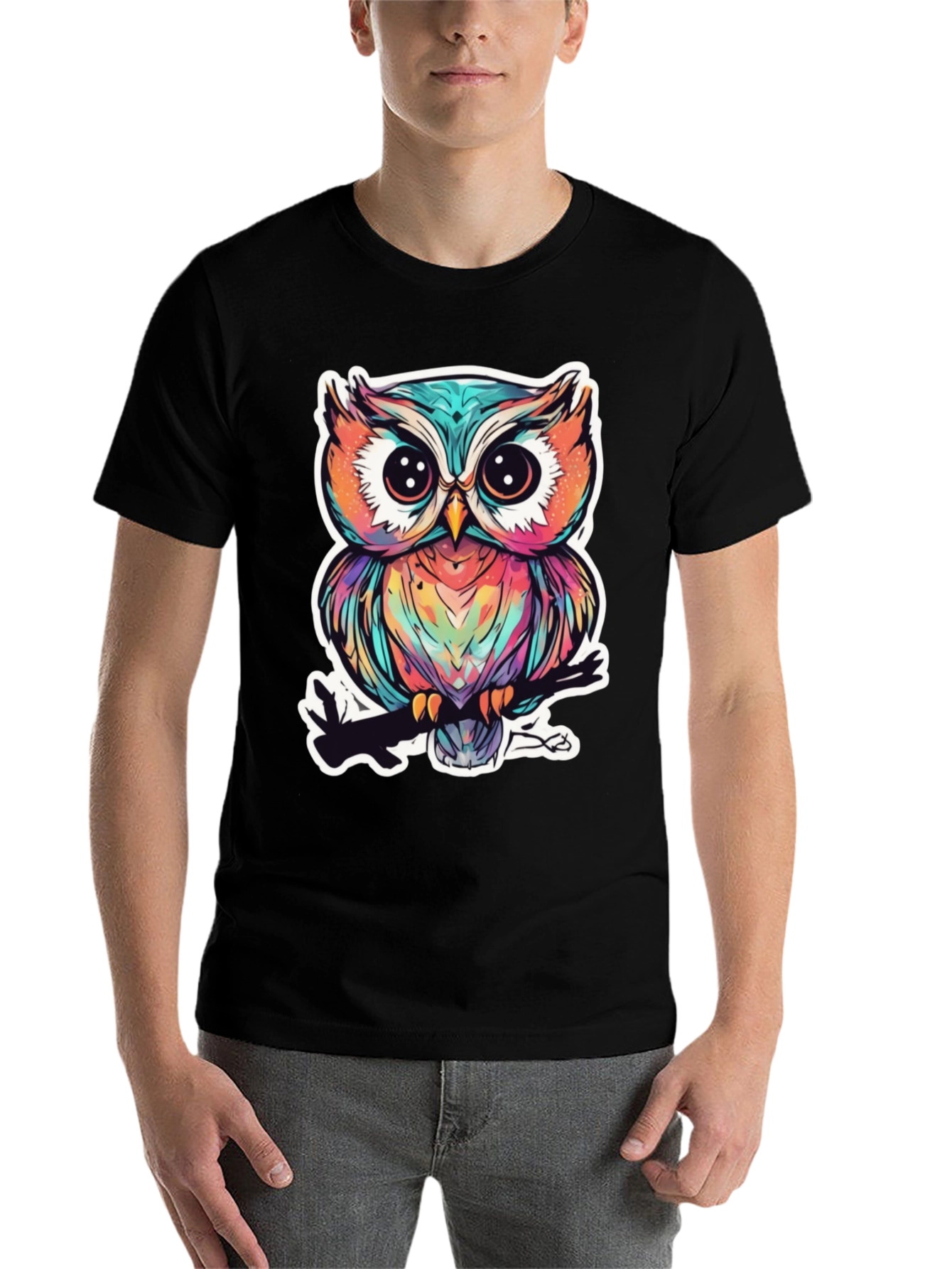 Black Colorful Owl Graphic Tee - Unique Bird Design view 7