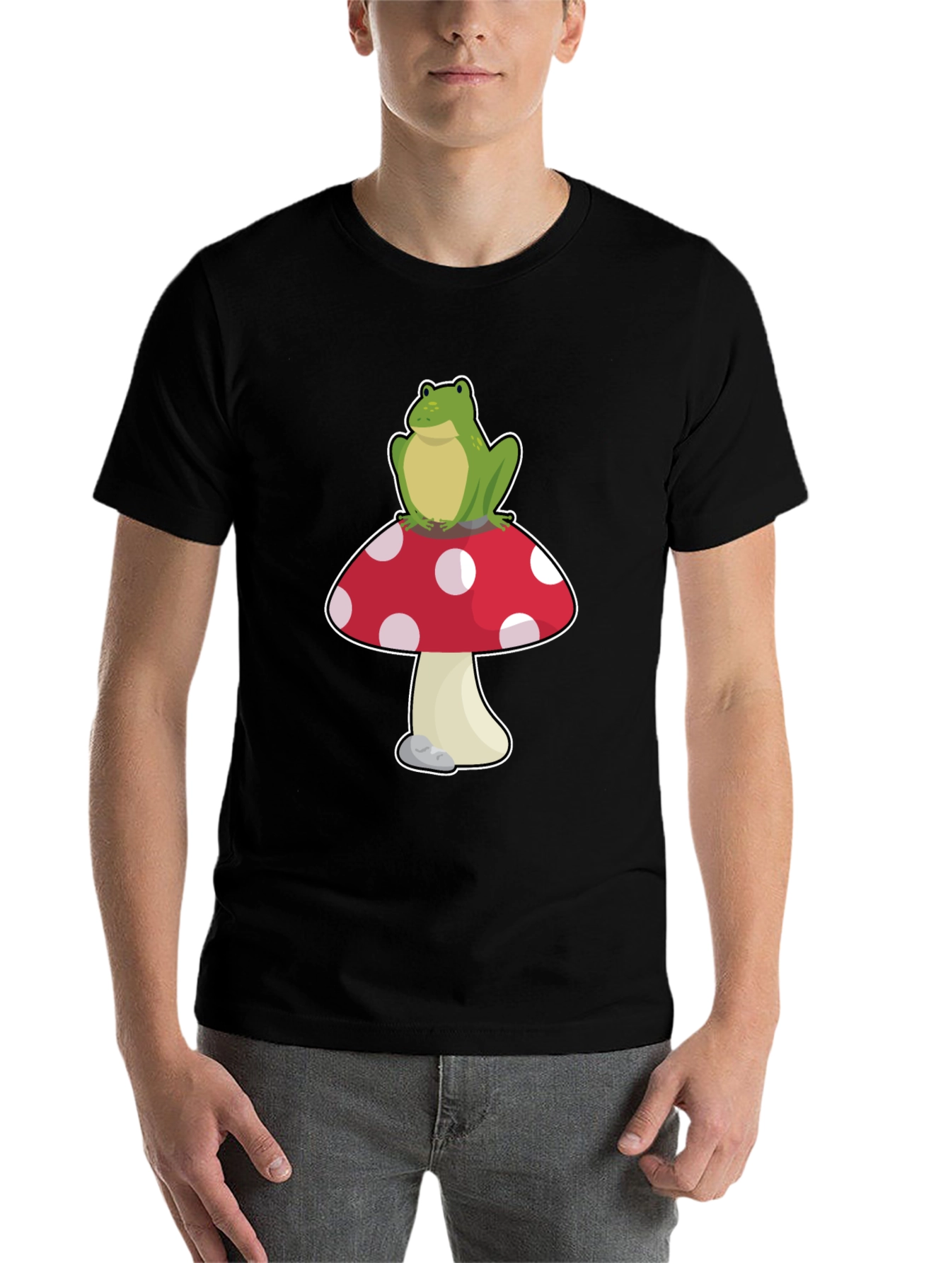 Black Frog on Mushroom T-Shirt - Black Cotton Tee view 7
