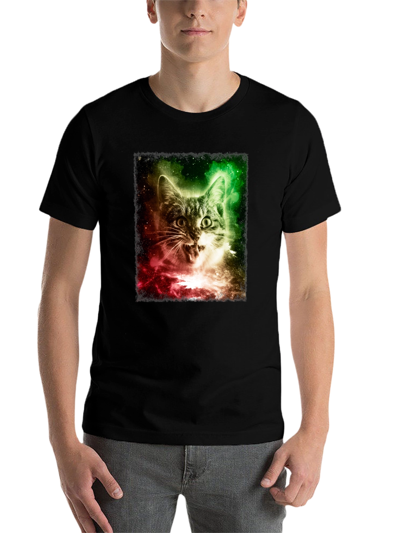 Black Galaxy Cat Graphic Tee - Men's Black T-Shirt view 7