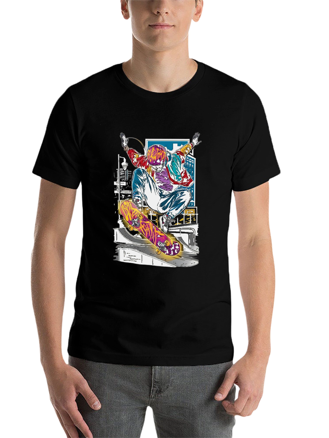 Black Skateboarder Graphic Tee - Black Cotton Blend Shirt view 7
