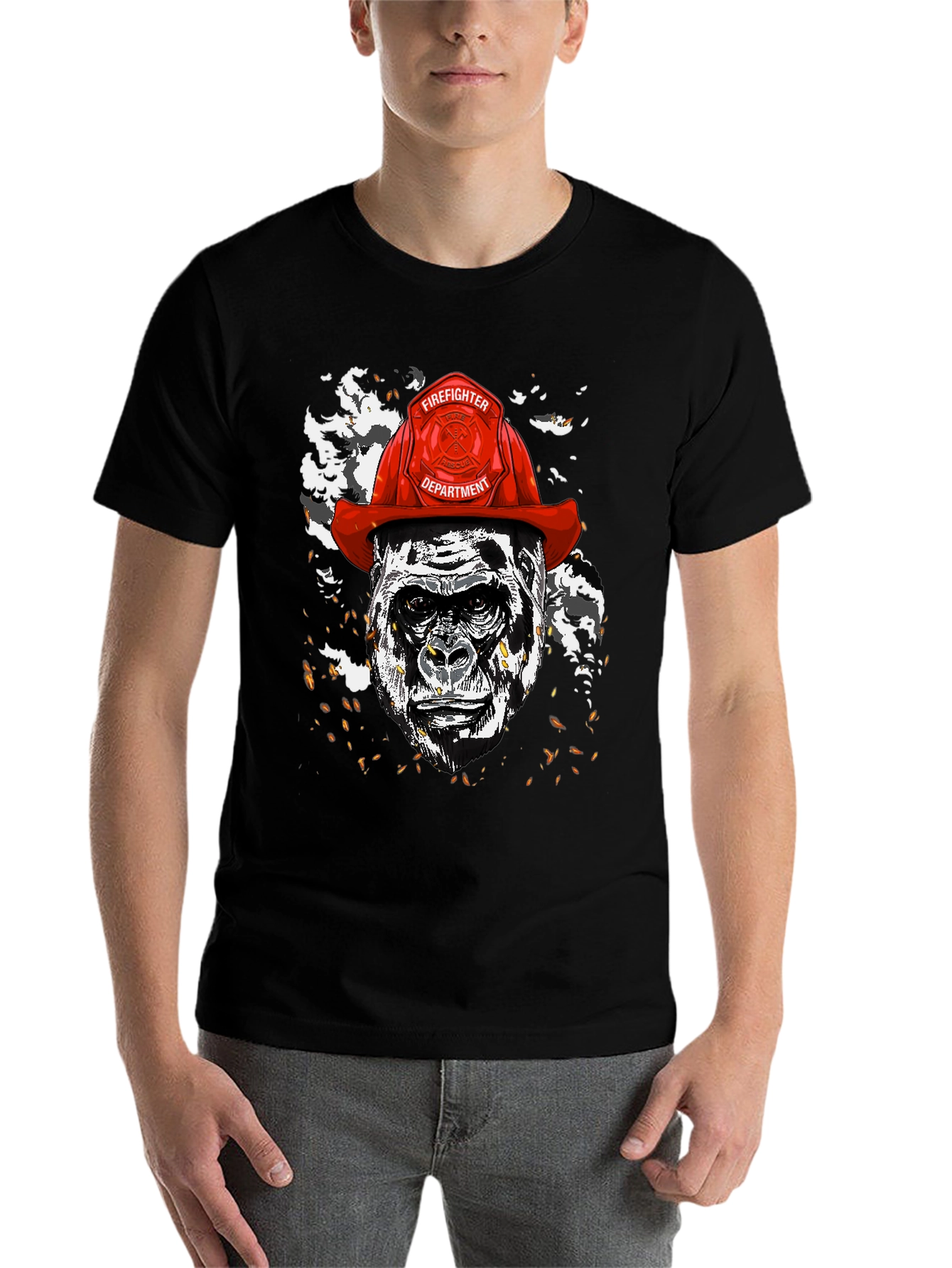 Black Gorilla Firefighter Graphic T-Shirt - Novelty Design view 7