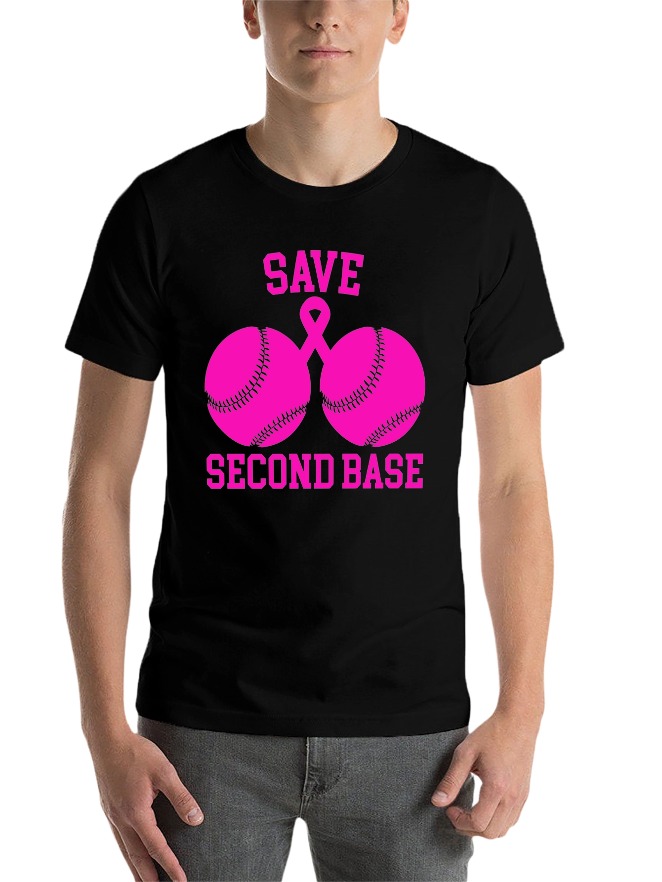 Black Save Second Base Breast Cancer Awareness T-Shirt view 7