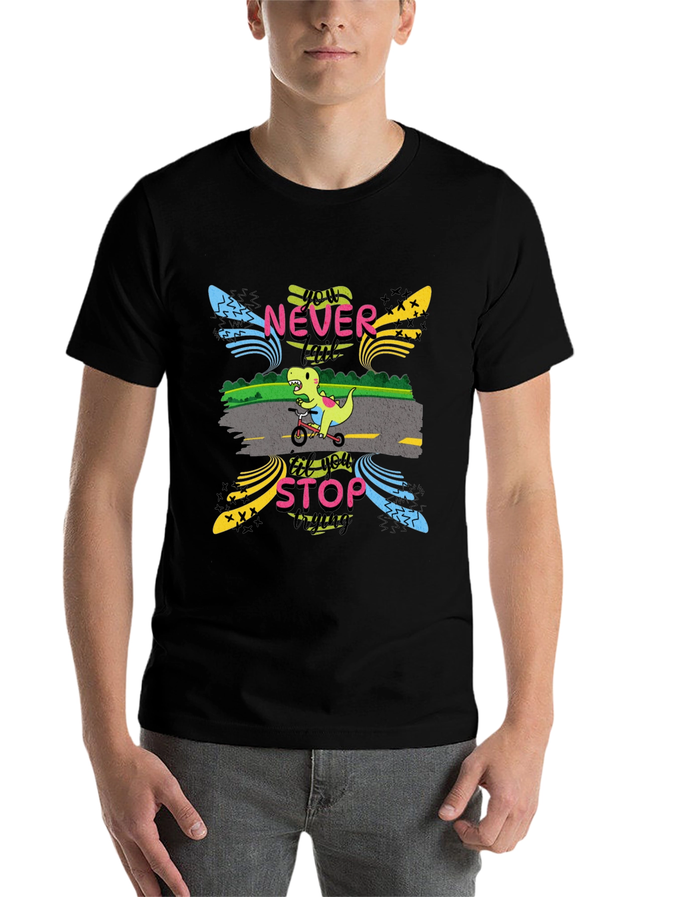Black Never Stop Trying T-Shirt: Dino on Bike view 7