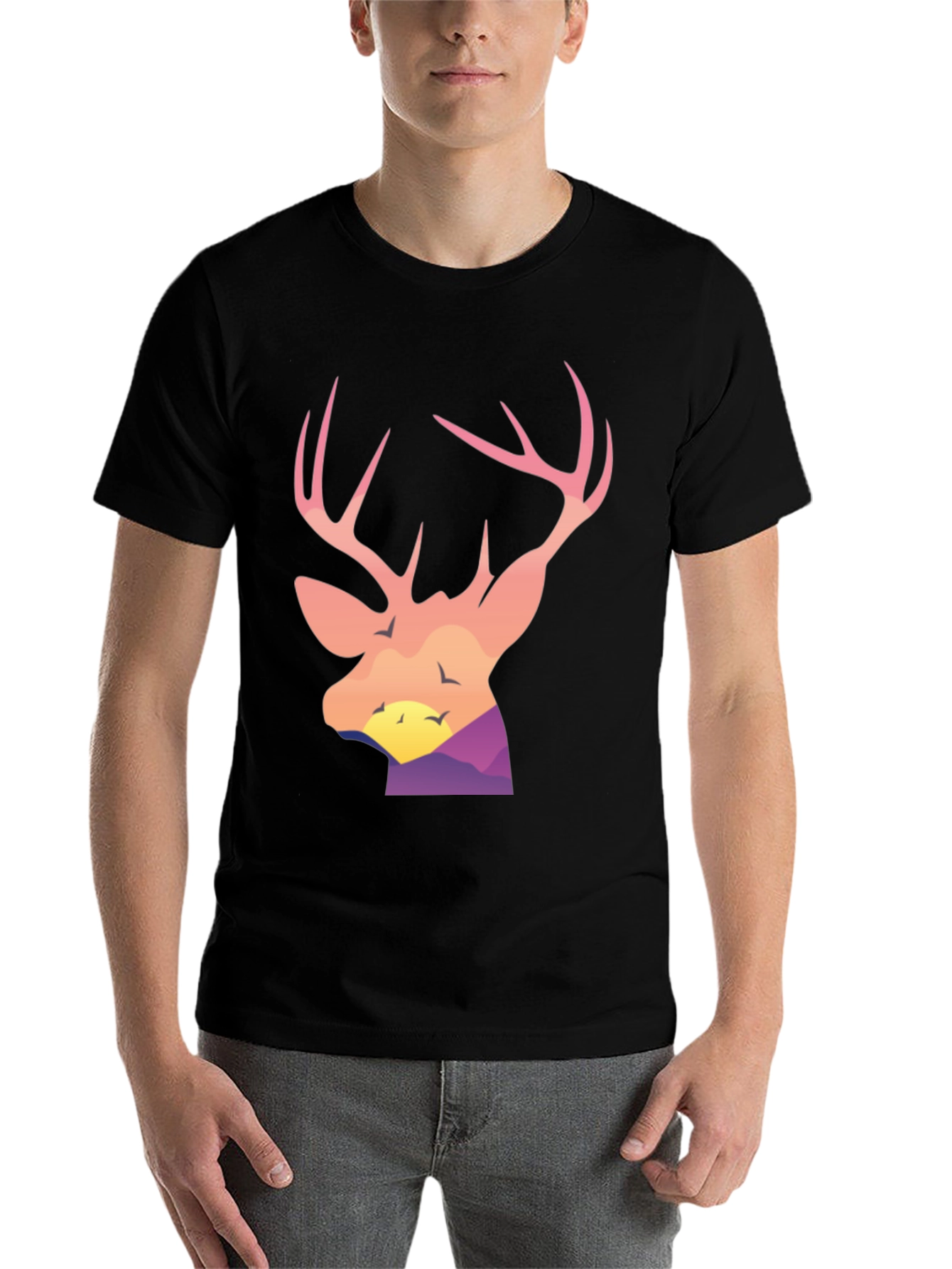 Black Deer Head Sunset Graphic Tee - Black Cotton Blend Shirt view 7