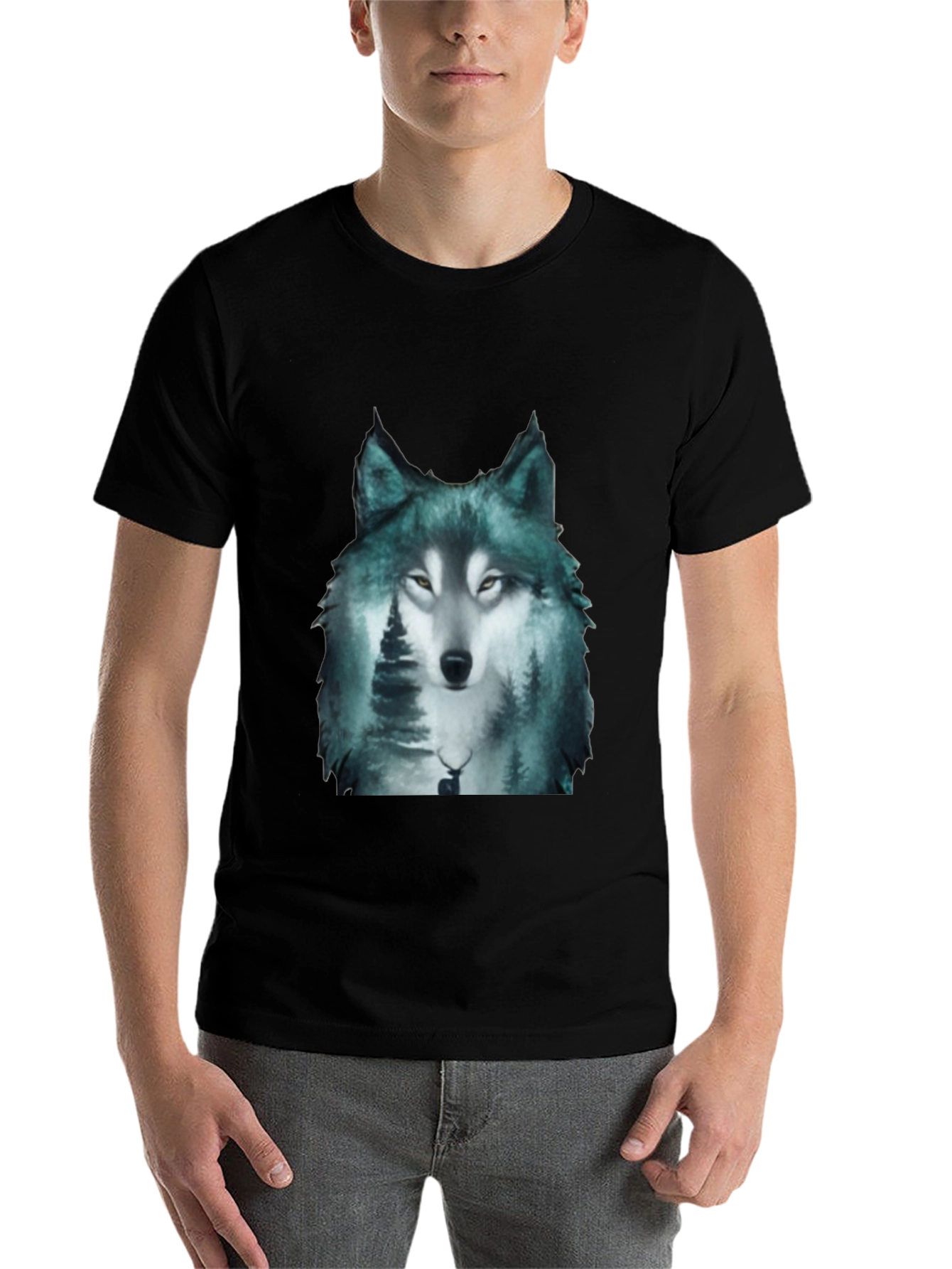 Black Wolf Forest Print Black T-Shirt view 7