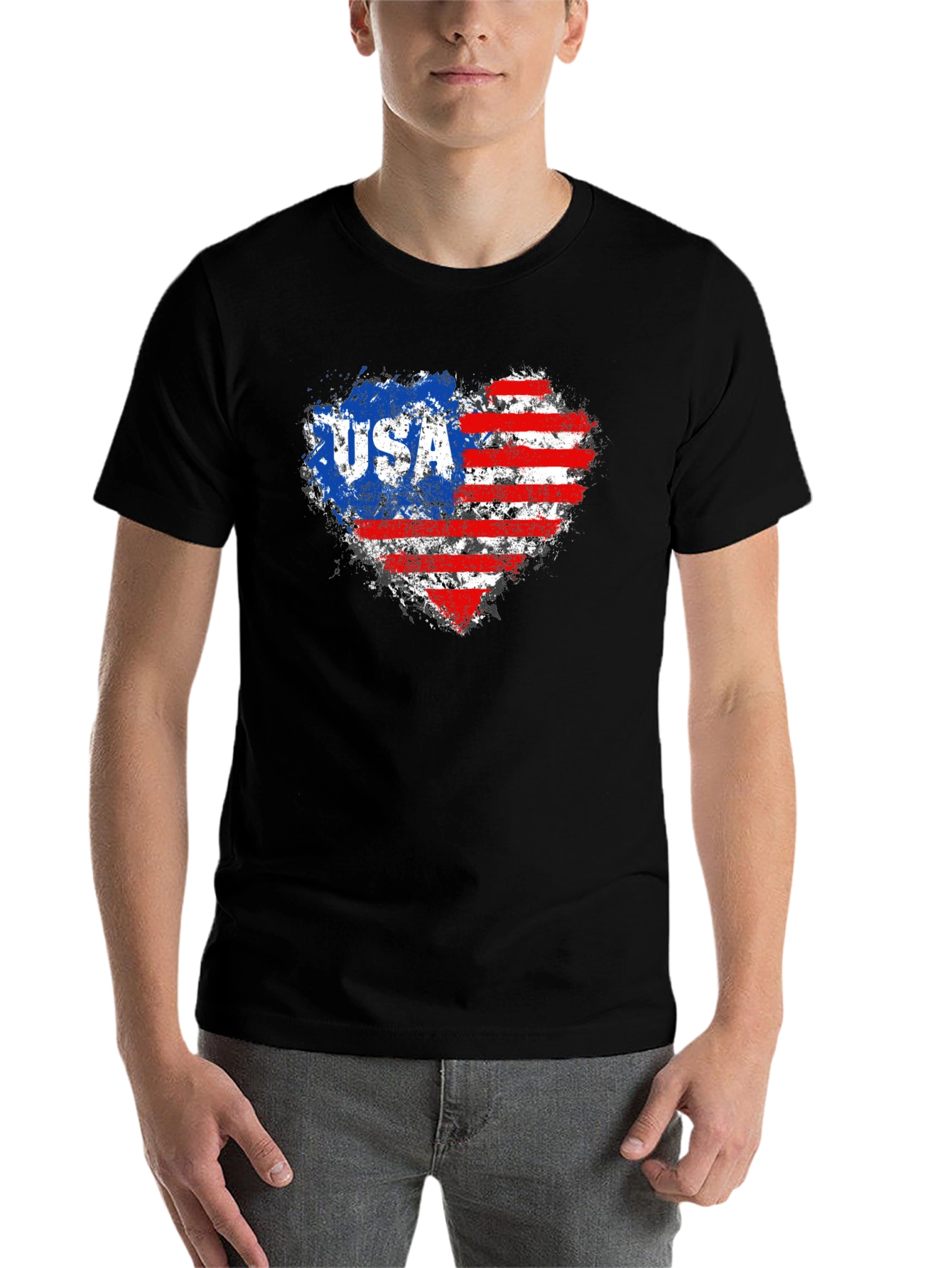 Black USA Flag Heart Graphic Tee - Patriotic American Pride T-Shirt view 7
