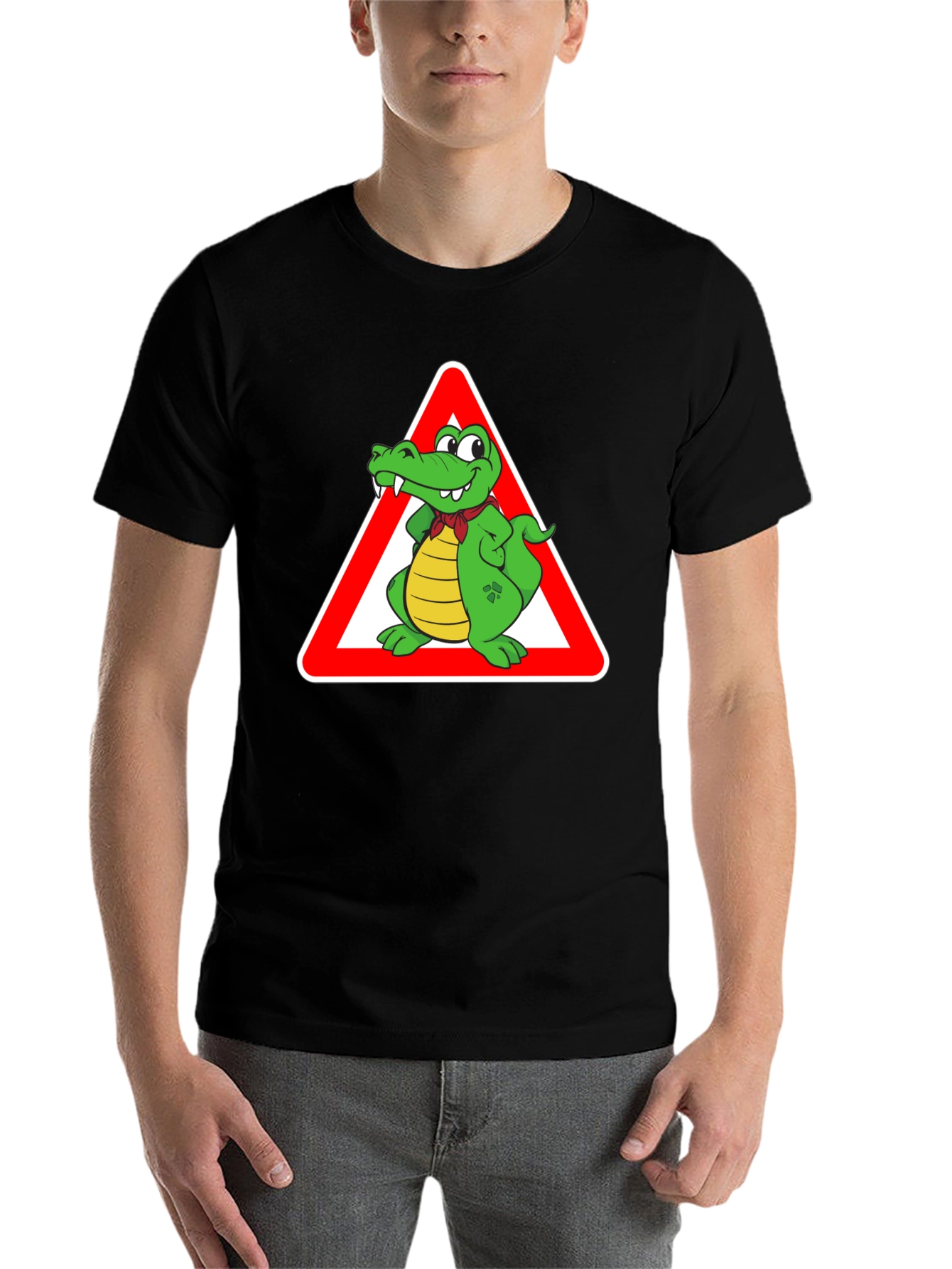 Black Cartoon Alligator Warning T-Shirt view 7