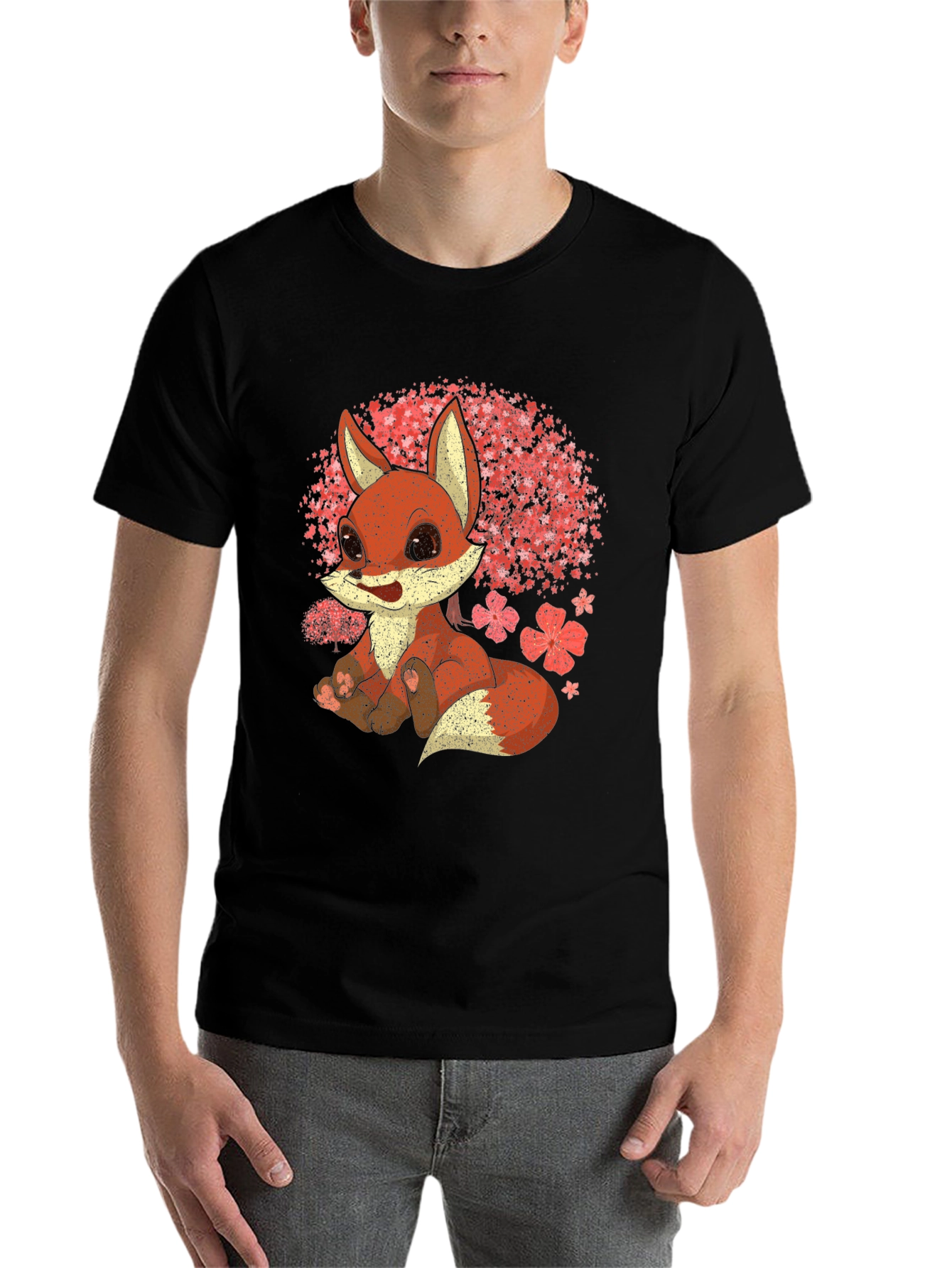 Black Cute Fox T-Shirt - Cherry Blossom Design view 7