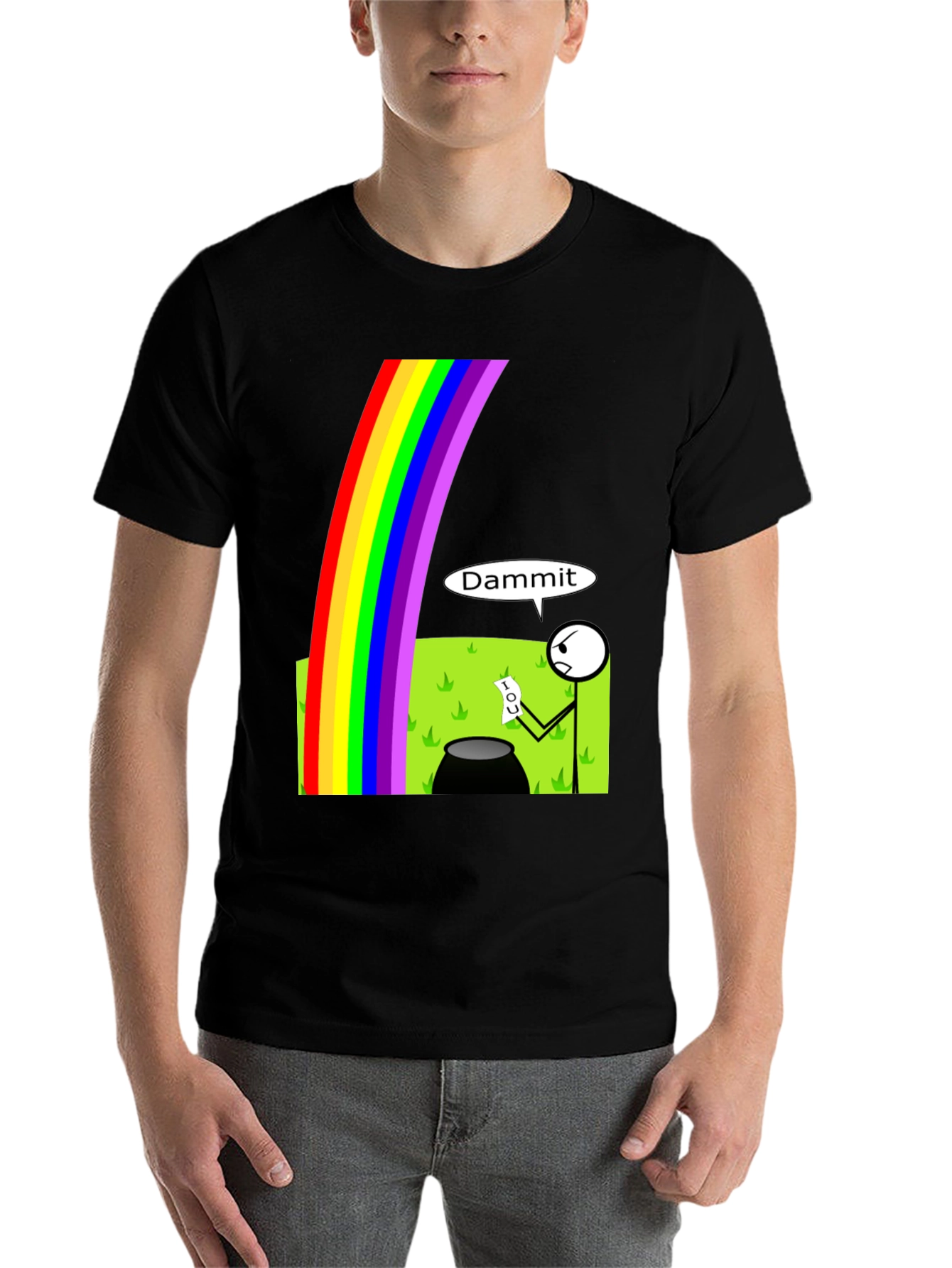 Black Humorous Rainbow Leprechaun IOU Graphic T-Shirt view 7