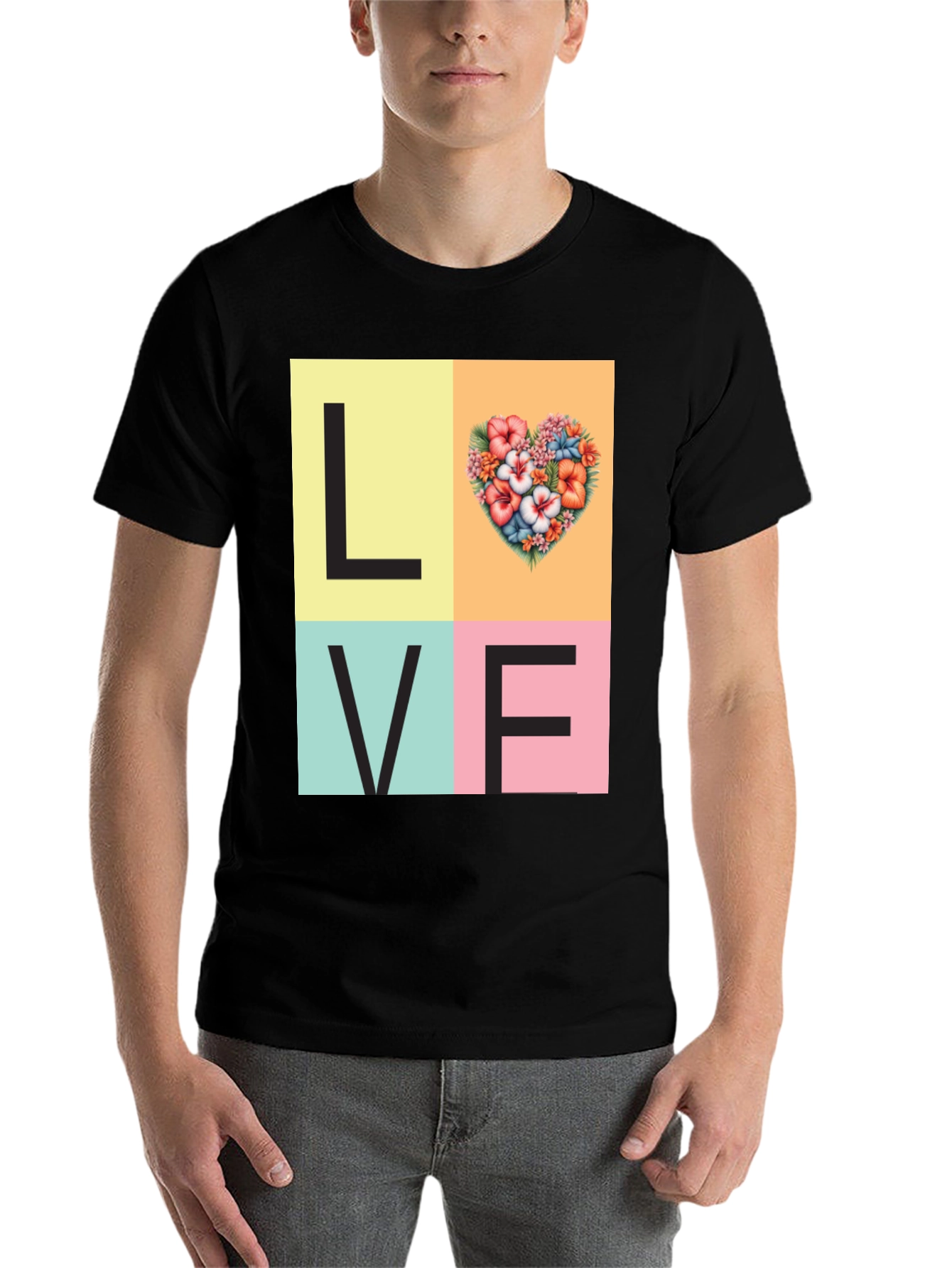 Black Floral Heart LOVE Graphic Tee - Unisex Casual T-Shirt view 7