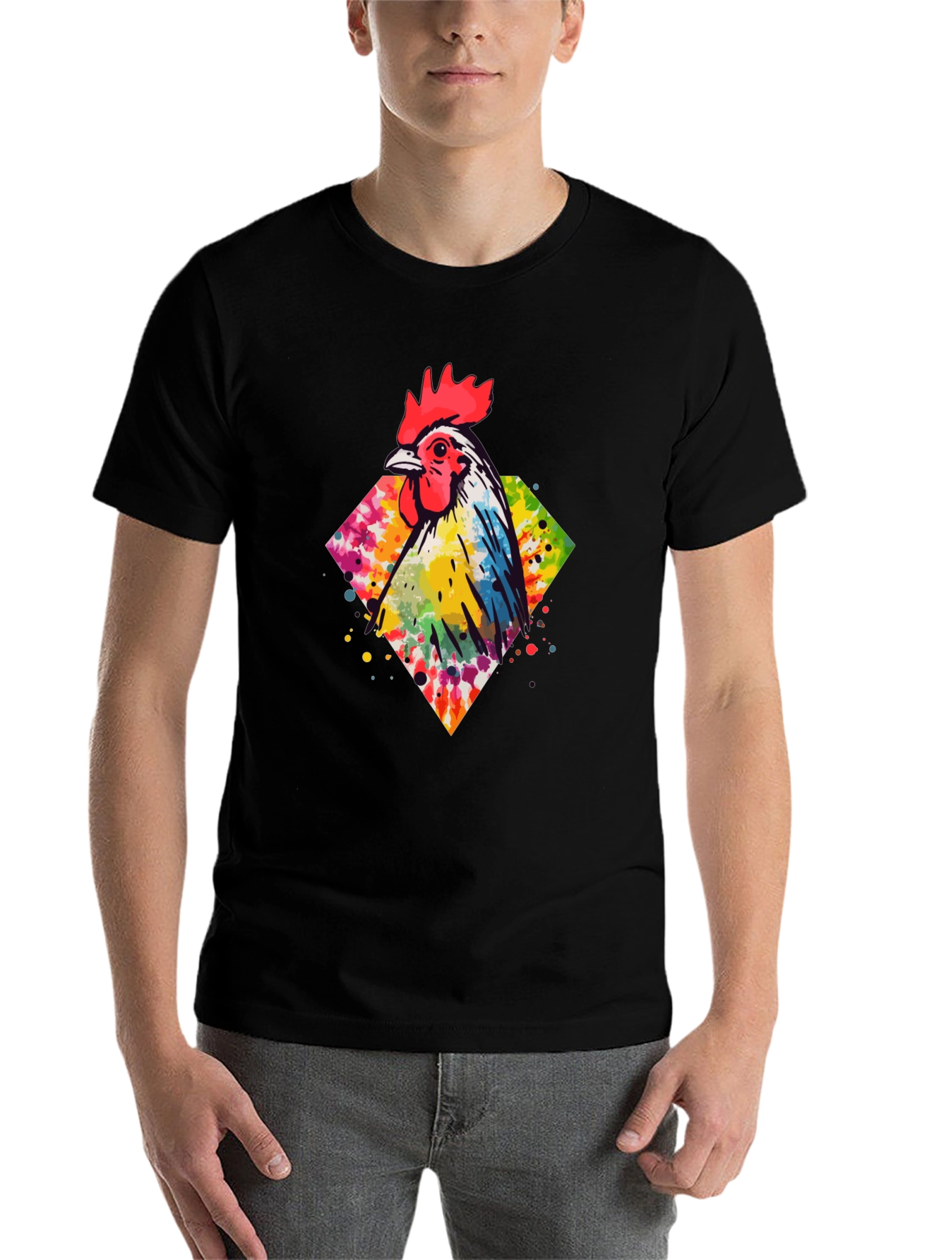Black Watercolor Rooster Graphic Tee - Men's Black T-Shirt view 7