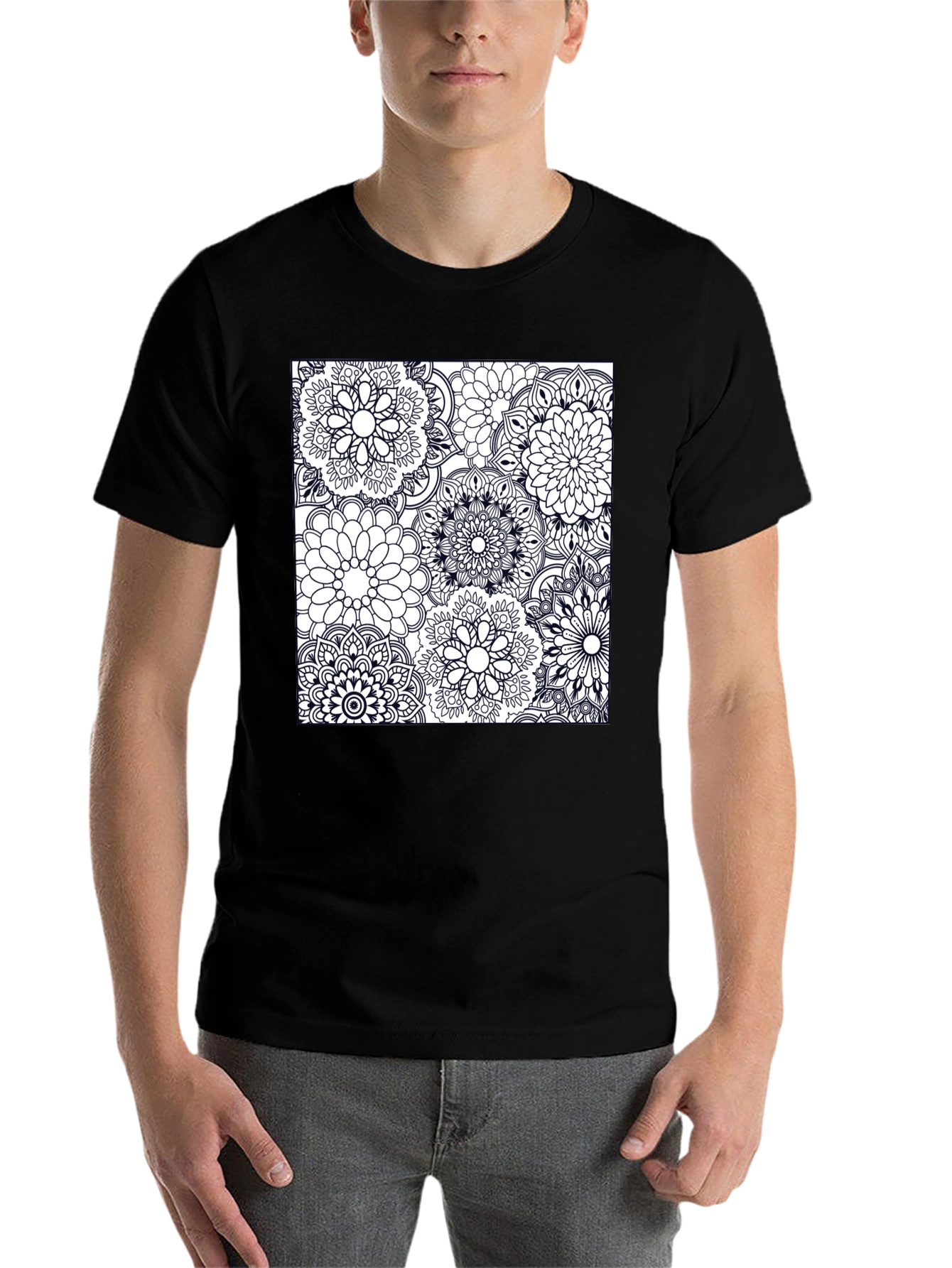 Black Floral Mandala Graphic Tee - Casual Black T-Shirt view 7