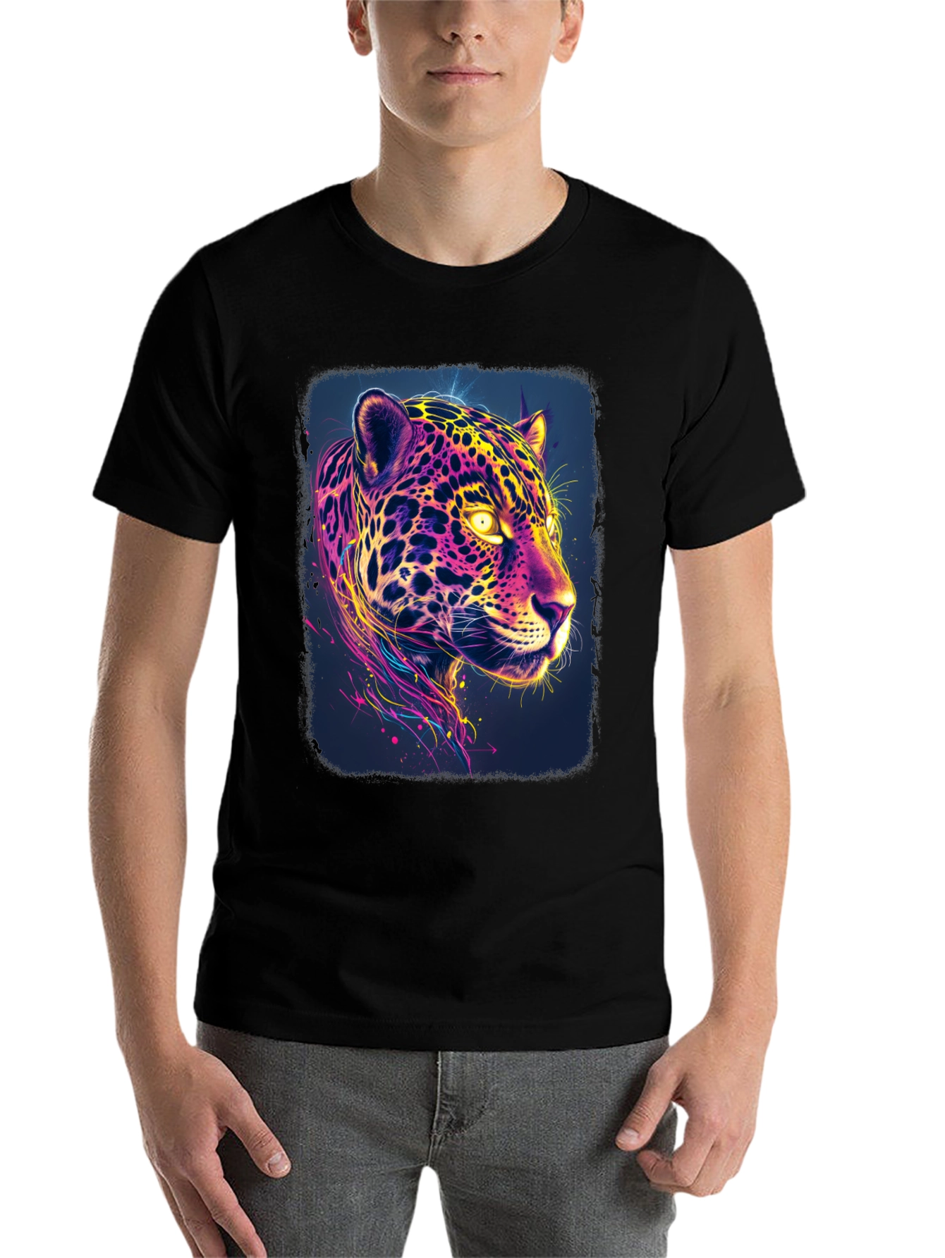 Black Vibrant Neon Jaguar Graphic Black T-Shirt view 7