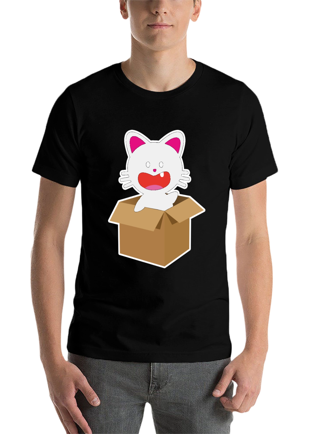 Black Cartoon Cat in Box Graphic Tee - Unisex Black T-Shirt view 7