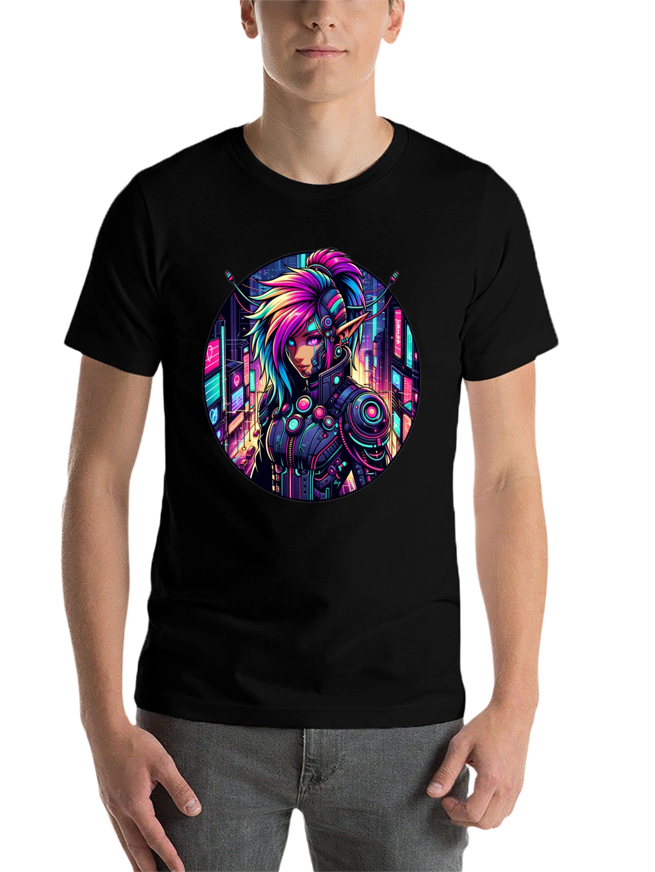 Black Cyberpunk Elf T-Shirt: Neon Cityscape Graphic Tee view 7