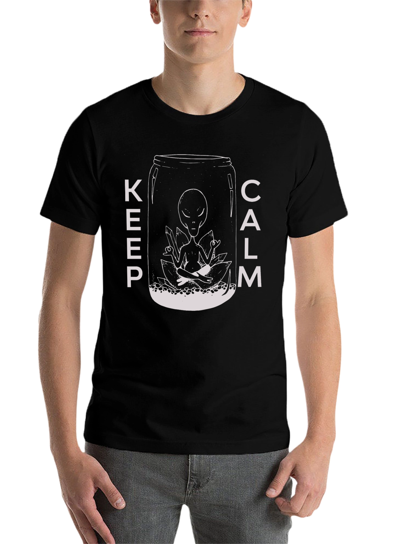 Black Keep Calm Alien T-Shirt - Meditating Extraterrestrial Graphic Tee view 7