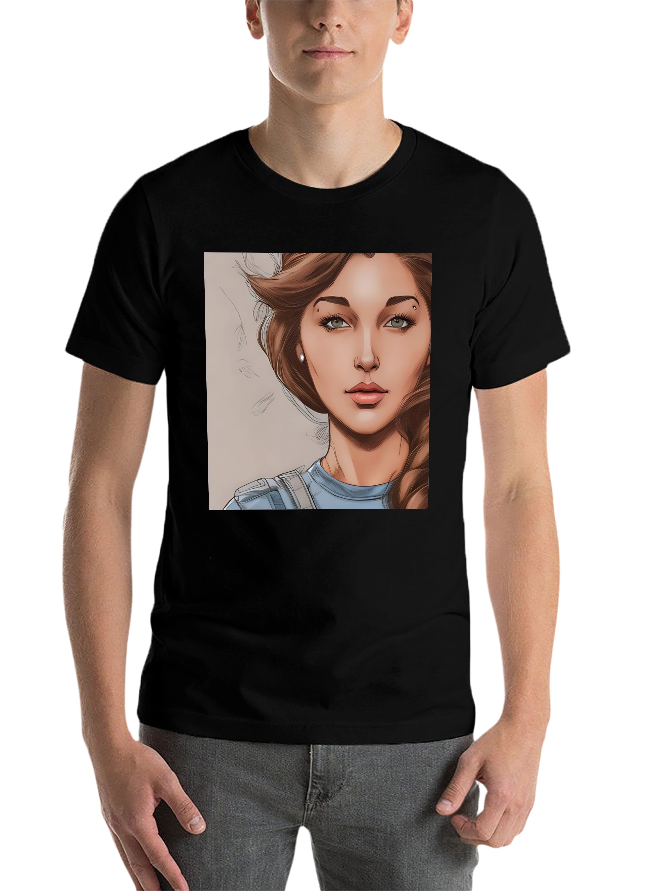 Black Woman Cartoon Portrait Black T-Shirt view 7
