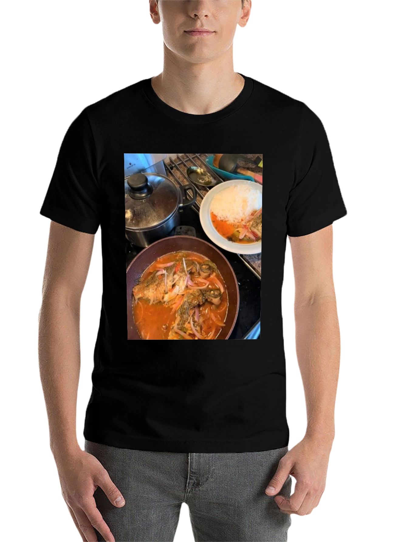 Black Foodie T-Shirt: Delicious Fish Dish Design view 7