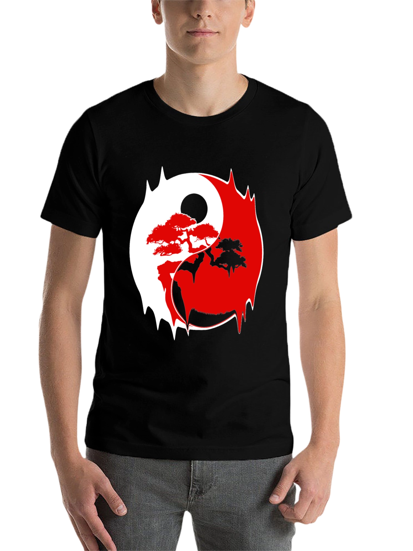 Black Yin Yang Bonsai Tree Graphic Tee - Stylish & Unique view 7