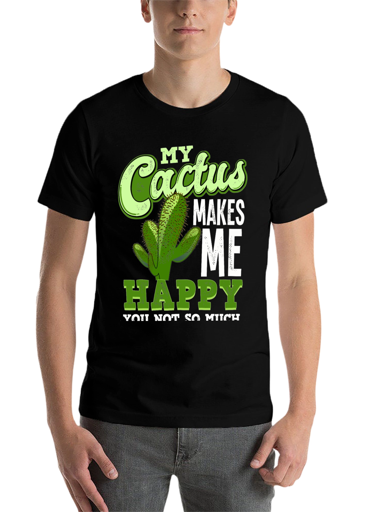 Black Cactus Makes Me Happy T-Shirt Funny Graphic Tee view 7