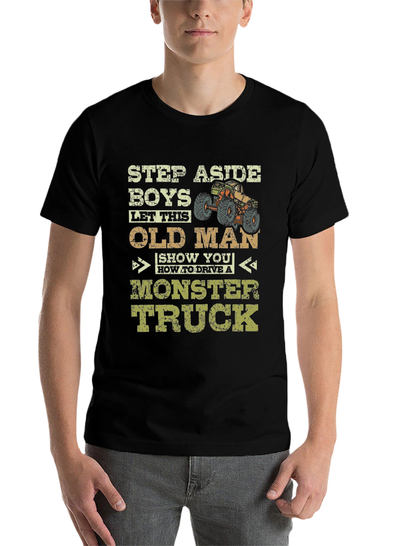 Black Funny Old Man Monster Truck T-Shirt view 7