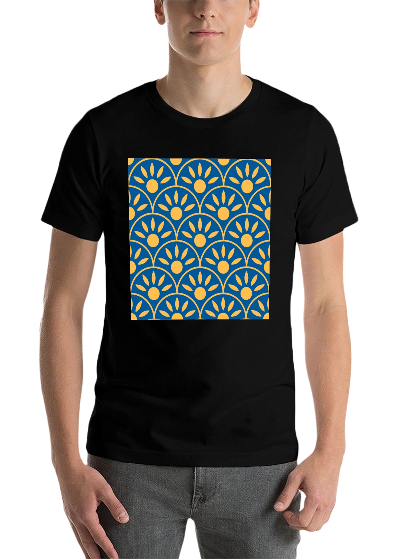 Black Patterned T-Shirt: Blue & Yellow Graphic Tee view 7