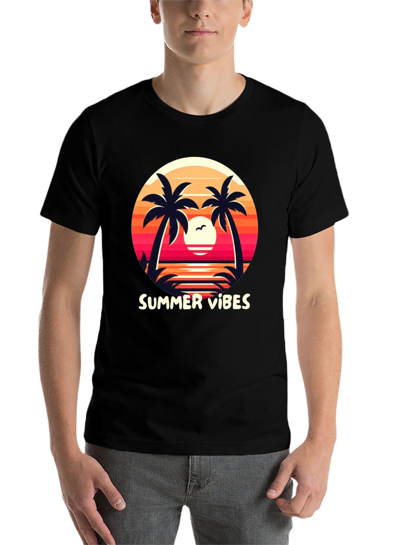 Black Summer Vibes Graphic Tee - Palm Tree Sunset Design view 7