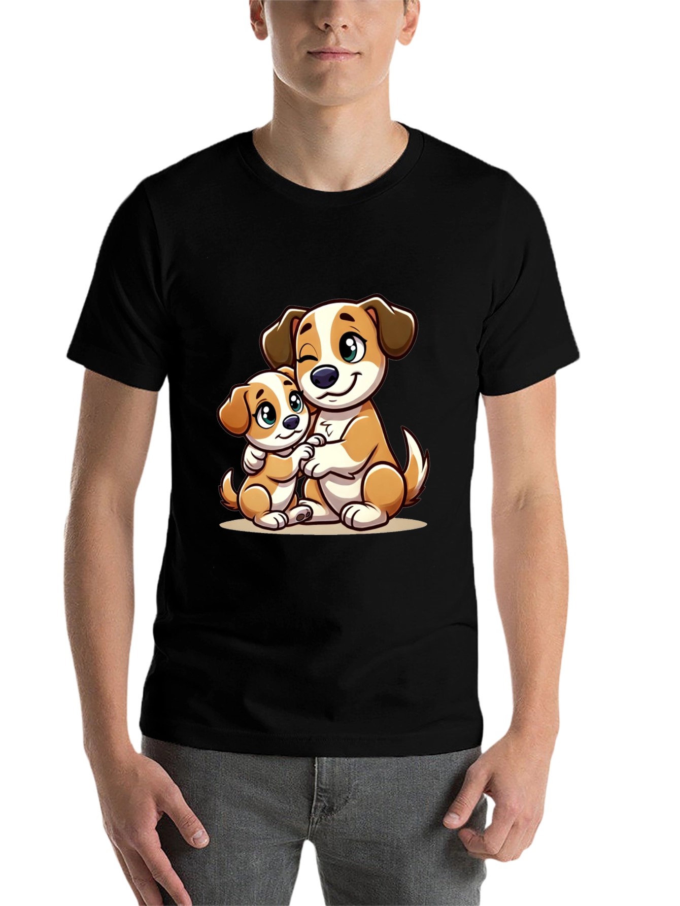 Black Cute Dog Hug T-Shirt - Black view 7