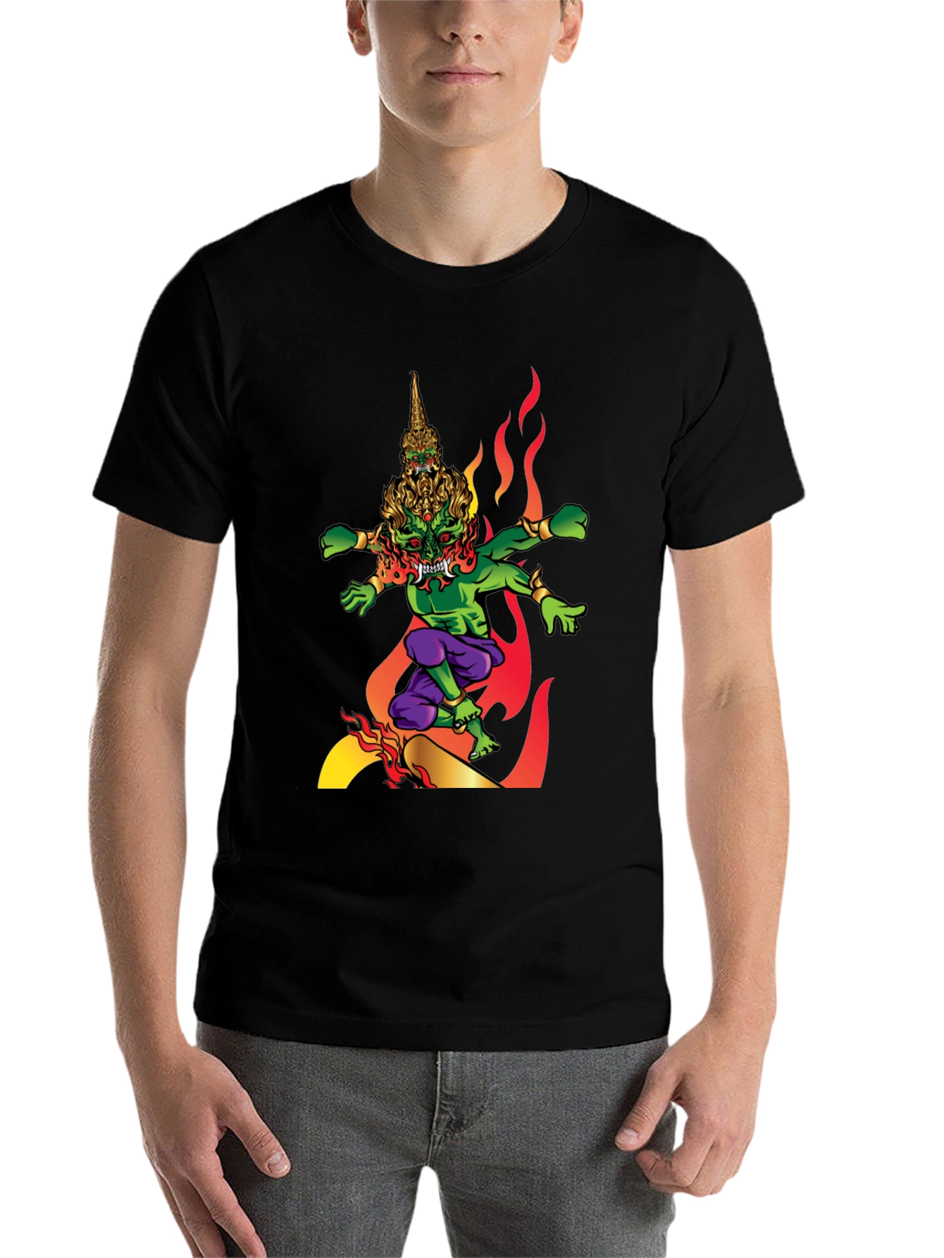 Black Men's Graphic Tee: Fiery Thai Demon Design view 7