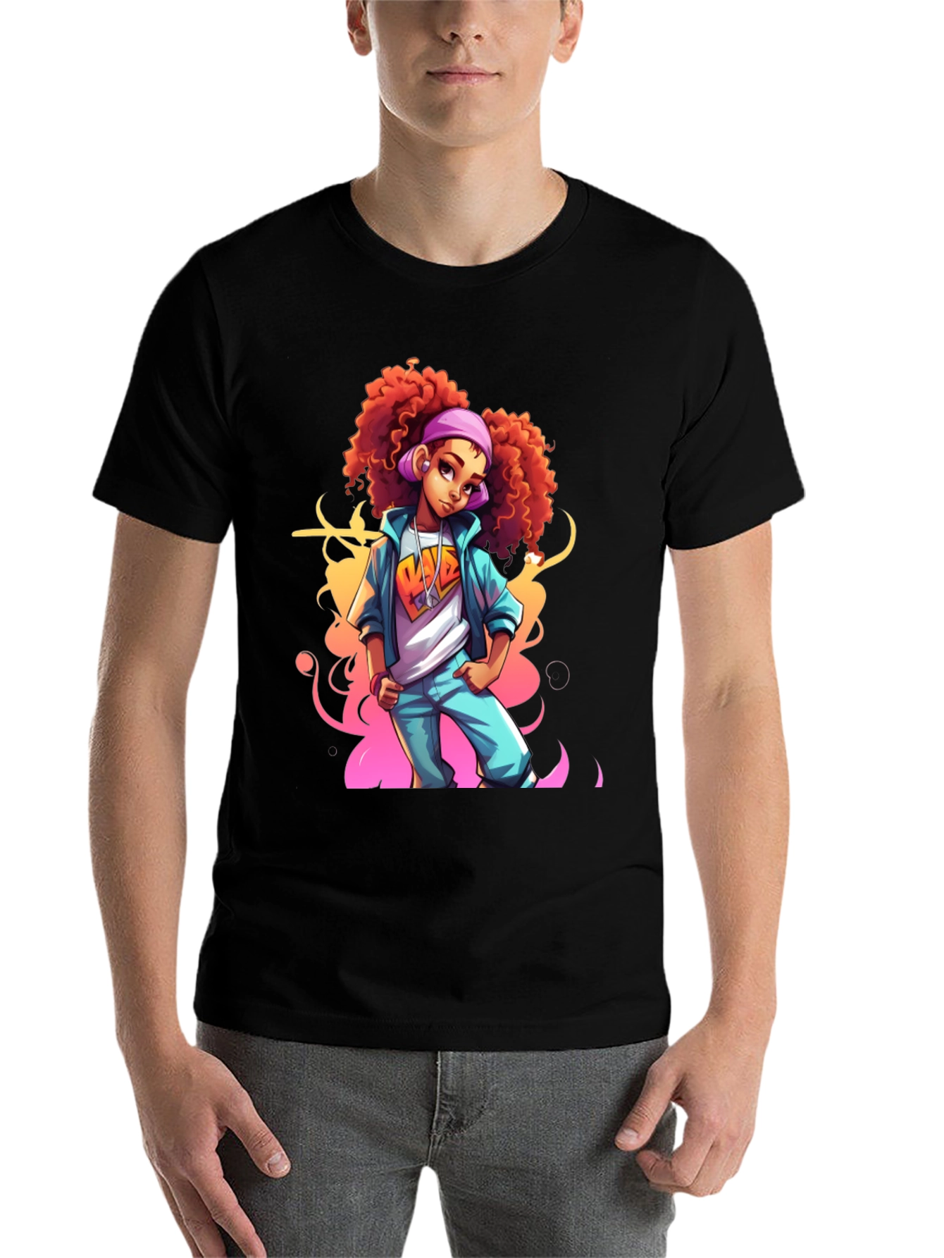 Black Cartoon Girl Graphic Black T-Shirt view 7