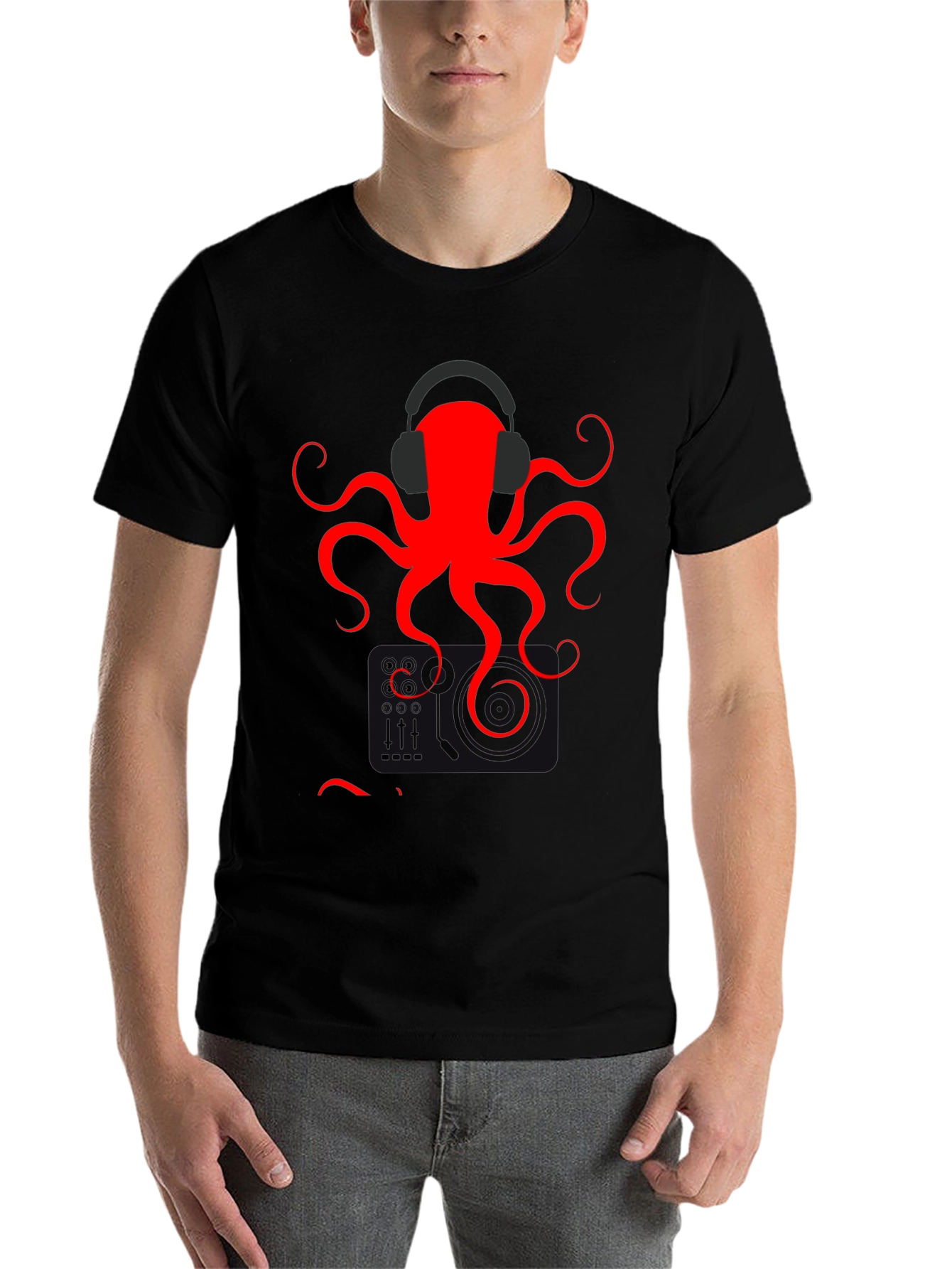 Black Red Octopus Headphones Graphic T-Shirt view 7