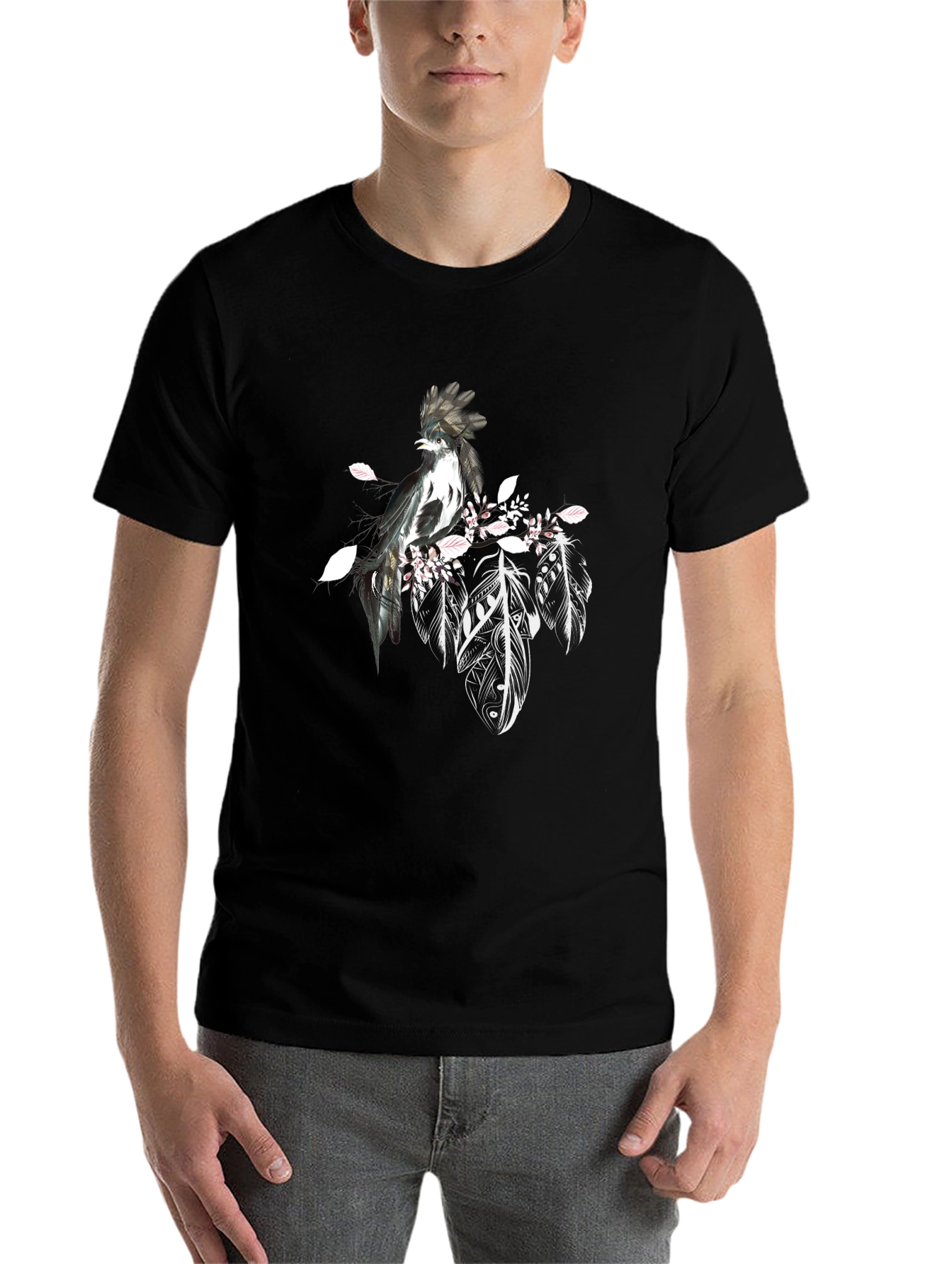 Black Black T-Shirt with Bird and Feathers Design view 7