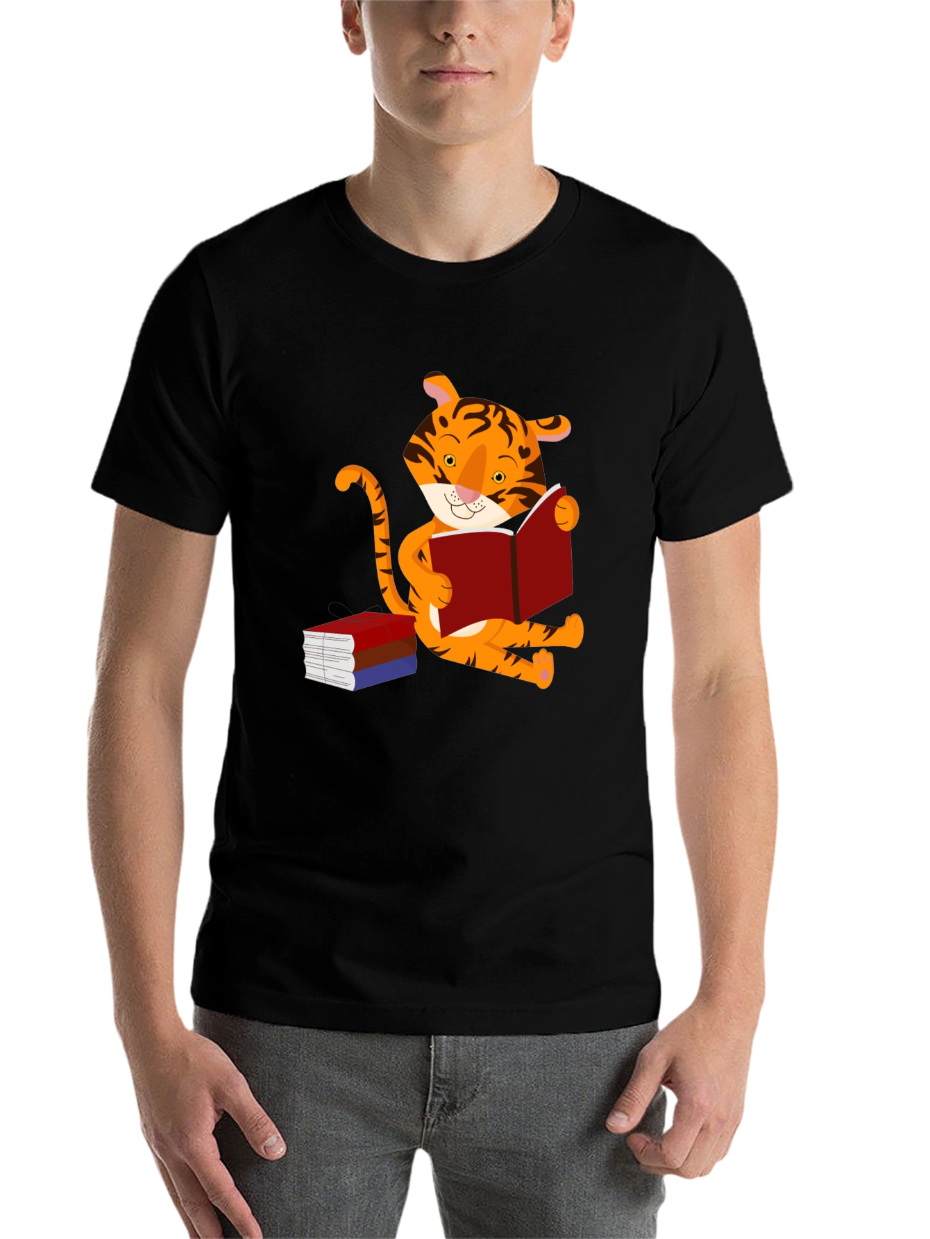 Black Cute Tiger Reading Book Graphic T-Shirt view 7